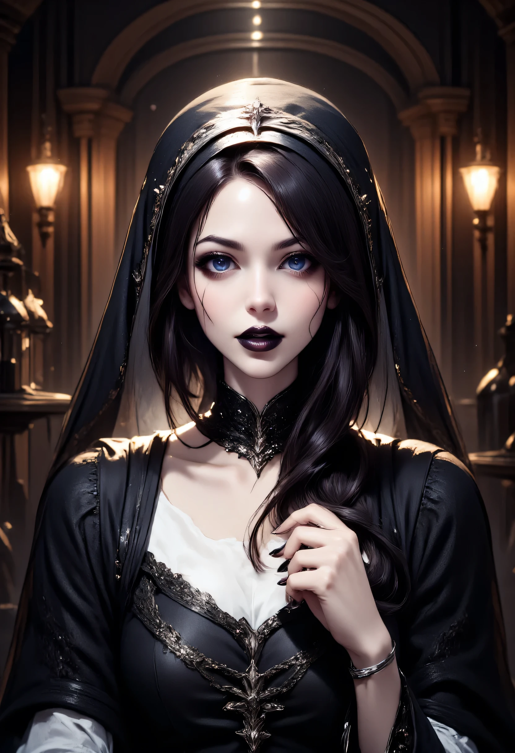 a picture of a beautiful Catholic nun sitting in a goth bar , sipping a dark red cocktail, wearing a white catholic nun habit, full body, slightly hiding the edge of white silk stocking, (vampiric fang: 1.3), wearing high heels, smirking, black silver cross choker, make up, dynamic hair, long hair, glowing eyes, intense azure eyes, light makeup, shy, blush, goth bar background, wine bottles, lit with candles, photorealistic, Realism, depth of field, cinematic lighting, dim light, full body, silhouette, from side, Ultra-Wide Angle, retina, UHD, best quality, 16k, highres, high details, aidmaDarkGothicAnime, ArsMJStyle, hyp3rd3tail style, gothicstylenext