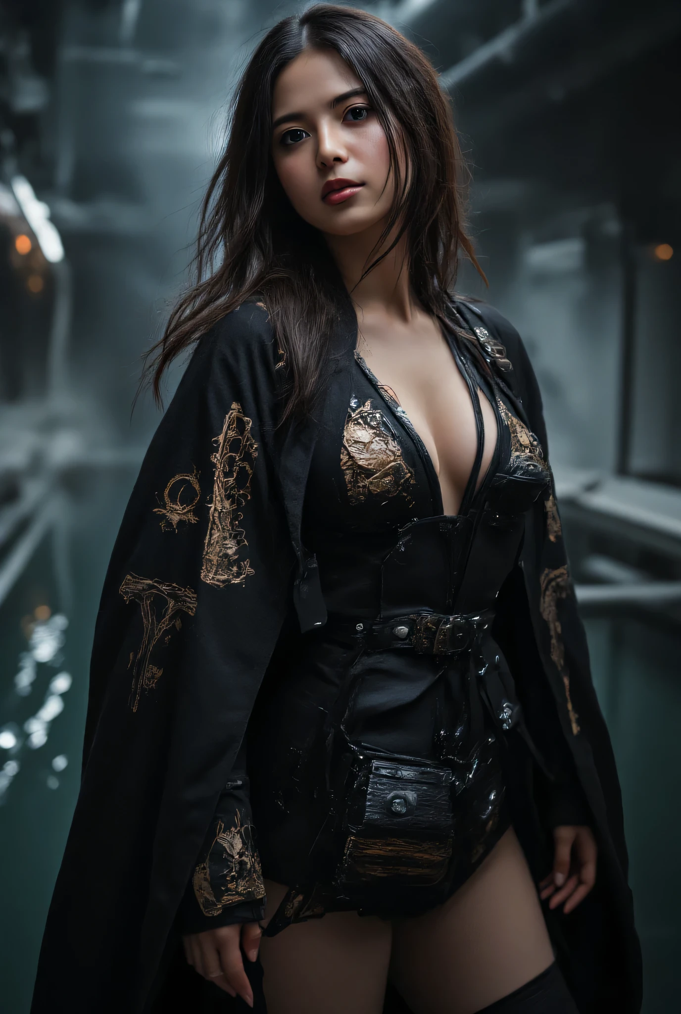 (((The dark interior of the Nostromo ship :2.0))),((( HR Gigger Style Cyberpunk Atmosphere :2.0))),(((A samurai armor-style military coat with an open front over a :2.0))), Combat posture,((whole body:2.0)), one woman,( cute face),(Beautiful well-balanced face ),(( natural big breasted :2.0)),( black hair:1.5),( beautiful eyes:1.3), glamorous shot of a 20-year-old Japanese woman , Slender Beautiful Body ,(( model body type:2.0)),(( slim body with hot water:1.7)), perfect body line , Ideal Proportions ,(( big breasts:2.0)),((F cup breasts:1.5)),(Big Breasts:1.7),Bare thighs, sensual thighs, delicate body,( Muscular:1.7),A harmonious posture,((Realistic breast depiction :1.7)), carefully depicting limbs based on perfect anatomy,((Wear a samurai kimono-style military coat with an open front over a black super high-leg leotard :1.5)),(( is a super high-leg leotard made of camy-style latex that fits the body:1.5)),(( leotard that holds a Japanese sword style lightsaber:1.5)),(ear monitor:1.5),((Tactical Holster:1.5)),( gloves:1.3), Concept Art,( top quality:1.5),( Masterpiece:1.5),(Super high resolution),resolution,UHD,( delicate depiction), carefully drawn with butterfly wings ,32K,(( realistic skin texture:1.5)),((( super realistic:1.5))), eyelashes, very detailed face,Highly detailed female hand,Sexy appearance,Very sensual,(Blurry Dim Backgrounds :1.5), Professional Photoshoot,( Movie Lighting:2.0),(( Blade Runner Style Lights :2.0))