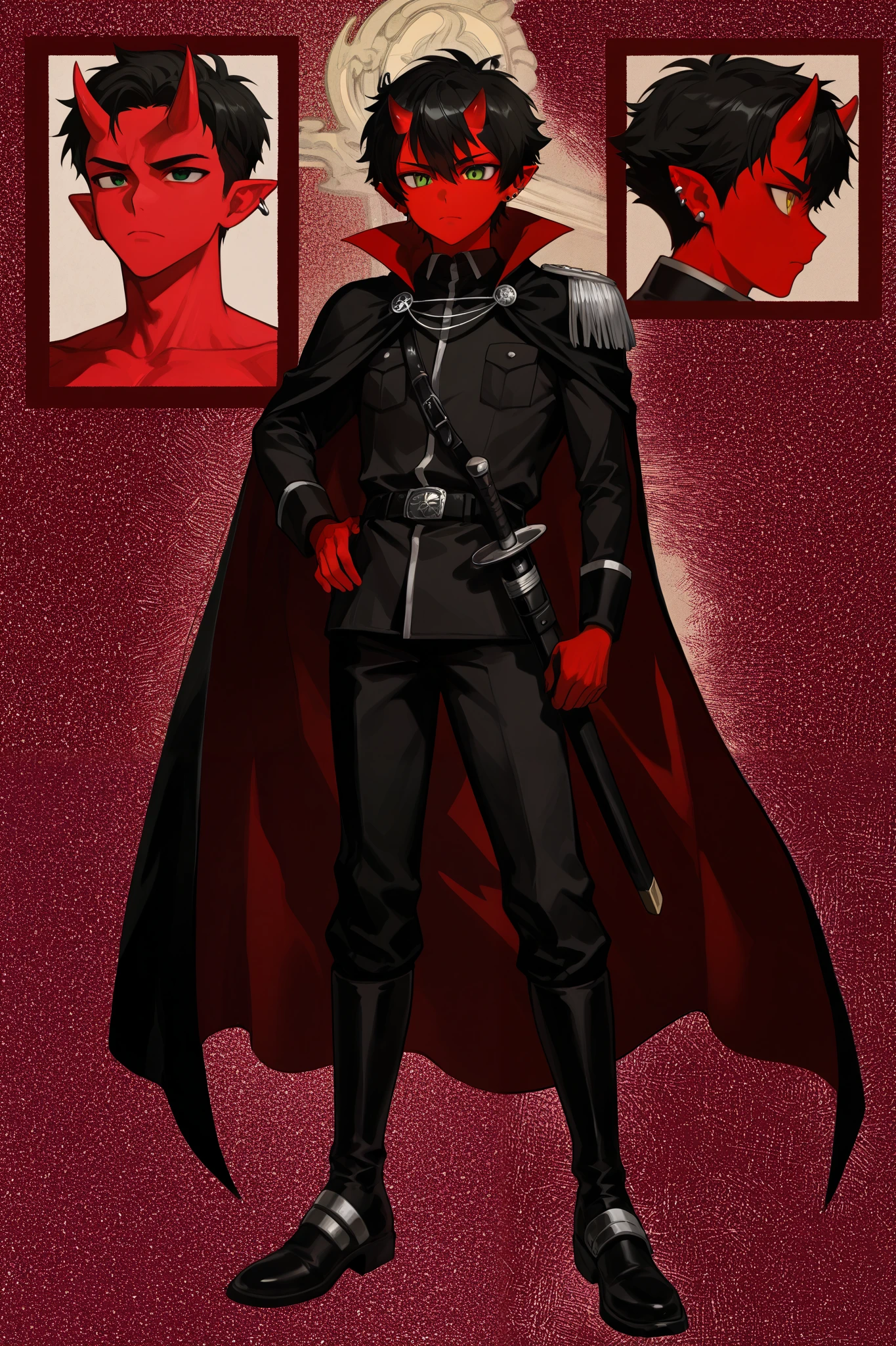 Anime panel ,Oni 18 year old boy, Korean, red skin ,angular face, hair police clothing is characterized by a voluminous and textured top, , shaved or shorter sides and an elongated back., defined body, brinco e piercings,small pointy ears, Green and serious eyes, Small Horns, heroic pose, Black clothing with medieval vampire cape