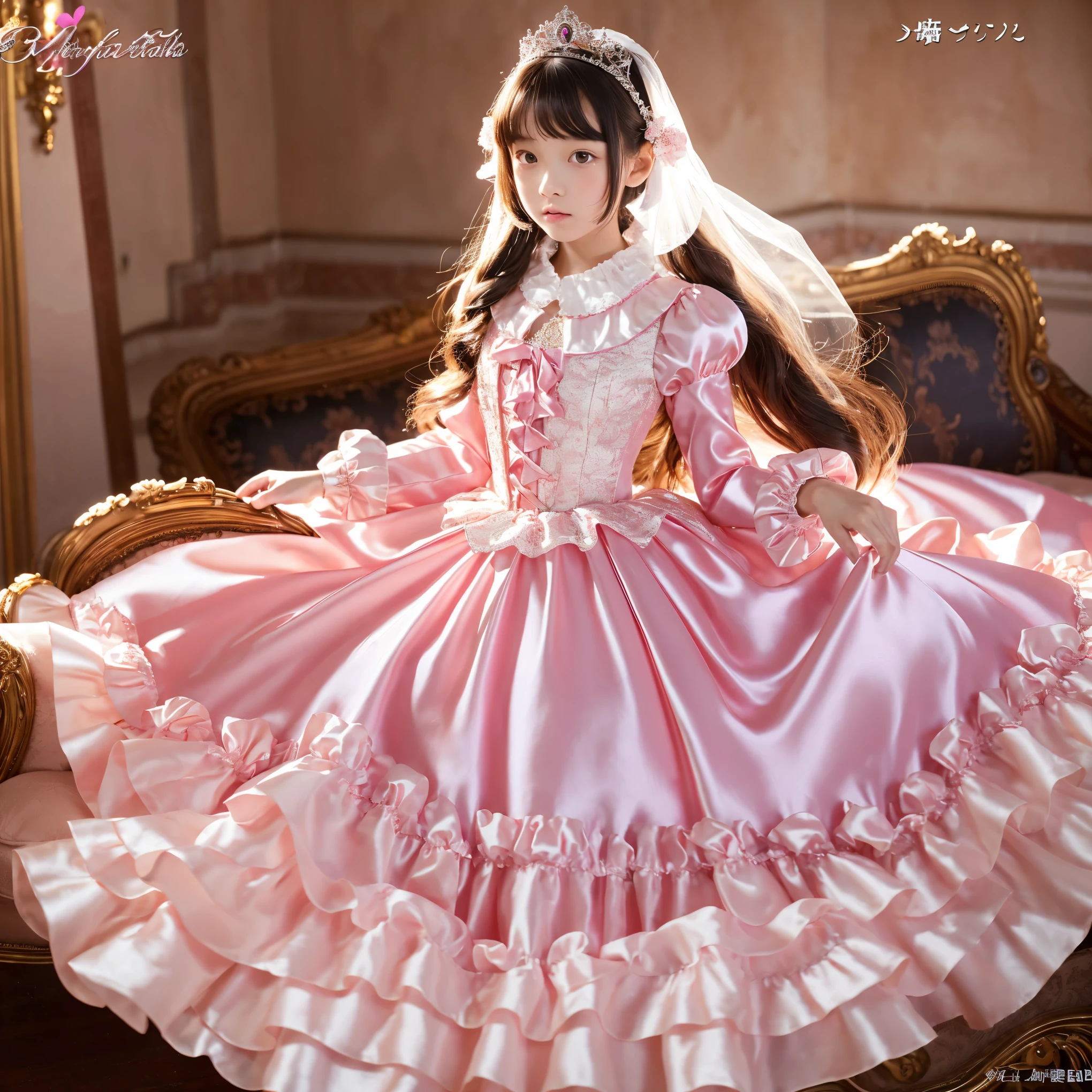 ,,highest quality, masterpiece, highest resolution, artwork, super それにget used to it, many get used to it, get used to it, それにget used to it, 3k realistic pictures,(( girl:1.0)),short body height,Ultra-detailed juvenile face,they are princesses,((shiny hot pink silk satin full-length big ball gown princess dress:1.0)),(((large round puffed long dress))),((Their feet are hidden in the puffed dress)),((frilled yoke collar)),((frilled sleeves)),((((long sleeve)))),((Lolita style detailed princess satin dress with lots of frills and ribbons:1.0)),(((Everyone has luxurious tiaras on their heads))),((laced corset with ribbons)),Rococo style lolita fashion,shiny satin dress,Soft and smooth fabric,luxury,long hair,detailed eyes,young japanese girls,in the luxurious palace,