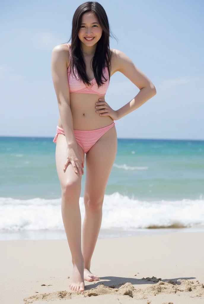 Japanese beautiful girl、((The girl's black hair is in a super short ponytail.、Super Short Bob、He wears a black choker around his neck.、Beautiful hair blowing in the wind、He wears an anklet made of golden chains.、Wearing cotton side string thongs、Wearing a small T-shirt、No bra、Pubic hair is dark and unkempt、Nipples are small and orange、The areola is quite large and the border is not clear.、Quite large eyes are slightly droopy、Charming smile、eyes are shining brightly、big breasts、The waist is moderately narrow、butt is small、legs are thin and long,、The skin is quite white and firm、spotless skin、labia majora light brown、clitoris is pink、vagina is pink、Love juice drips from the vagina、Sweating profusely all over the body、The girl tilts her head slightly、natural and dynamic poses、)),(Photo Quality、best image quality、Precise depiction of face and body、anatomically correct style、Realistic lighting and exposure、Composition that shows the entire room、Composition that everyone can see、Composition from slightly below upwards、Composition from the front、Detailed depiction of genitals、detailed hand drawing、Posing that is physically reasonable、Detailed and natural hair depiction),(Focus on the genitals of men and women、shine a light on the genitals of men and women、The background is a natural blur),(Bright beach beach、Blue sky background、cumulonimbus、Deep blue sea、Horizon in the distance、The girl stands straight with her legs wide open、The girl is holding out her chest, which emphasizes her bust and makes her look beautiful.、Composition that shows you from head to toe)、FERATTIO