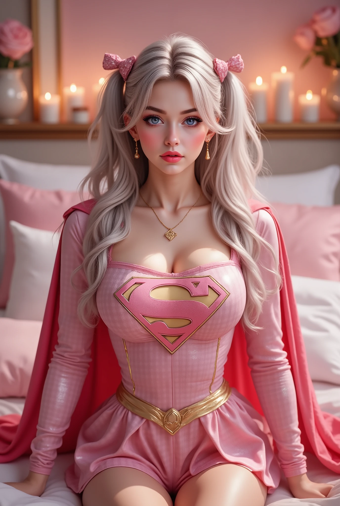 PROUDLY WEARING THE ICONIC PINK "S" EMBELEM AND A PINK PLAID VINYL SUPERGIRL COSTUME AND RED CAPE. A SEXY 35 year old girl , pigtails, beautiful face, gorgeous, beautiful, beautiful, beautiful face, pale skin, parts, SILVER hair, ANIMEVBlue eyes, full and shiny BLACK lipstick, big lips, thick lips, half-open lips , BLACK lipstick, skinny thighs, petite body, , skinny, FULL chest, skinny, body(body heigth:140cm), Big Head, innocent look, Young face, l, sweaty, Sitting in a bedroom with candles and a soft warm light. The colors of the room are pink and white , perfect eyes , very detailed BLUE eyes, beautiful and expressive, detailed eyes , 35mm photography, Movie, bokeh, professional, 4k, Highly detailed dynamic lighting, photorealistic, 8K, raw, rico, intricate details
