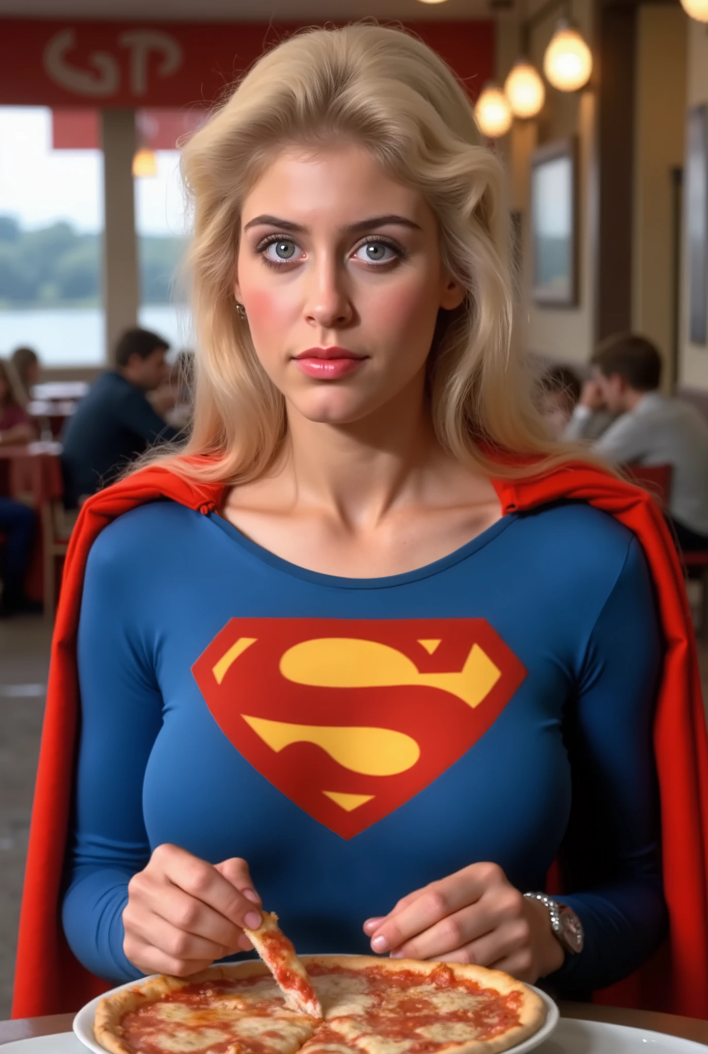 BLUE EYES BLONDE HAIR (SUPERGIRL) A VERY SEXY HELEN SLATER AS SUPERGIRL WITH BLUE EYES AND LONG HAIR, WEARING A SUPERGIRL COSTUME AND CAPE. RICH 4K HIGH RES COLORS, 8K DETAILS. BLUE EYES. SITTING DOWN AT A PIZZARIA EATING A SLICE OF PIZZA.