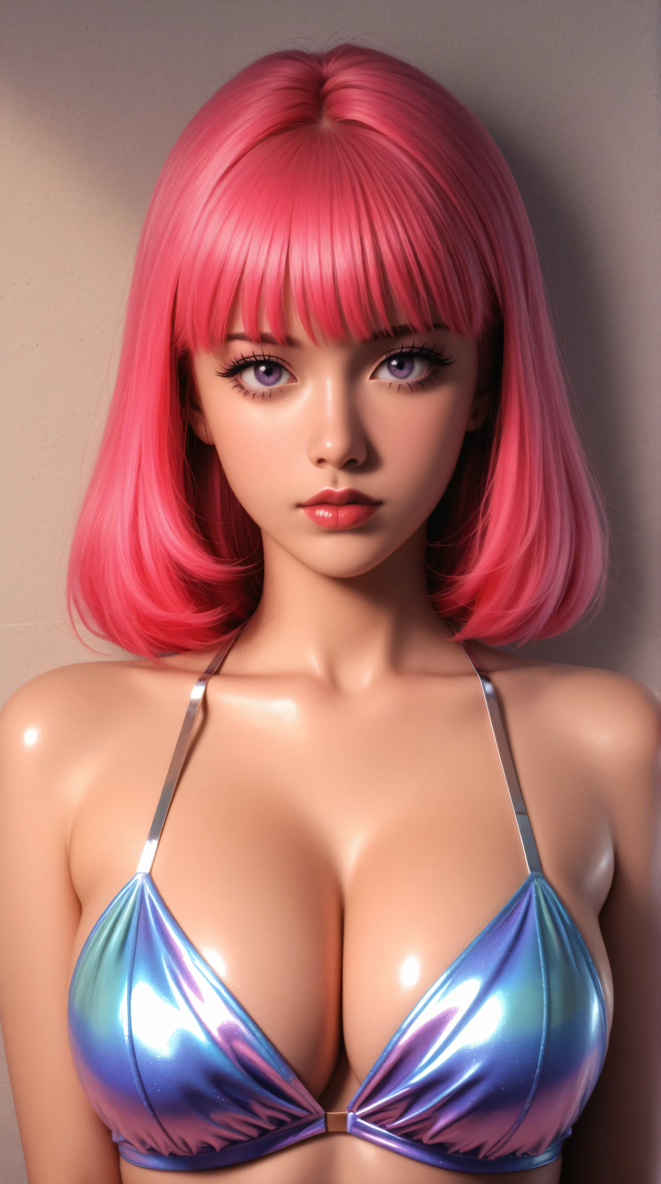 80’s glam rock makeup on shiny android face, anime, glittery face, 2.5D, moody lighting, (purples, pinks, and blues), iridescent face, pretty, sexy, minimal, sleek, slender, asian, elegant, futuristic, retro, sophisticated, big breasts, cleavage, style retro classic, master piece:1.5、(minimal art, line drawing), illustrated anime, (eyes looking off to one side), shiny skin, upper body, eye focus,