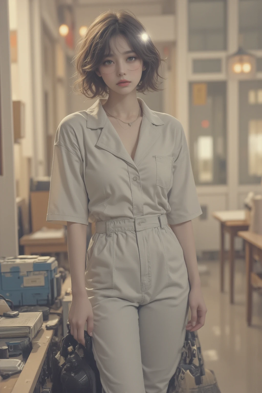 (( top quality)), ((傑 top quality、 Masterpiece、High sensitivity、 high resolution、 detailed depiction of up to the front door、 depicting a delicate face))Slender Woman、Glasses、Overalls with paint、 helmet、Headlights、In one hand、Loudspeaker、 the royal family、