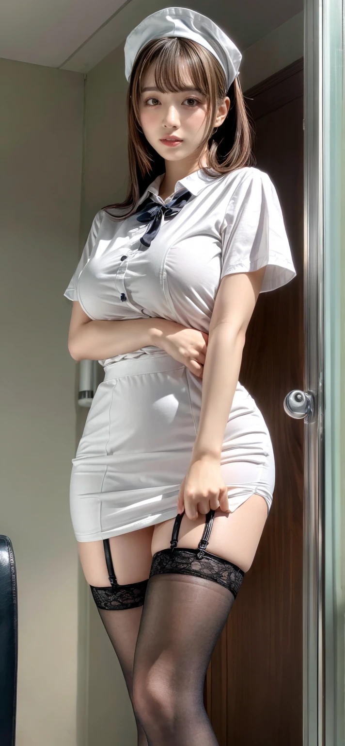 1woman, solo, nurse, nurse cap, white wear, ((white legwear, zettai ryouiki)), white gloves, glasses, blue hair, orange eyes, ((white surgical mask, covered nose)), standing, ((hospital room)), sharp outline, short sleeves, mature female, 35 years old, best quality, masterpiece