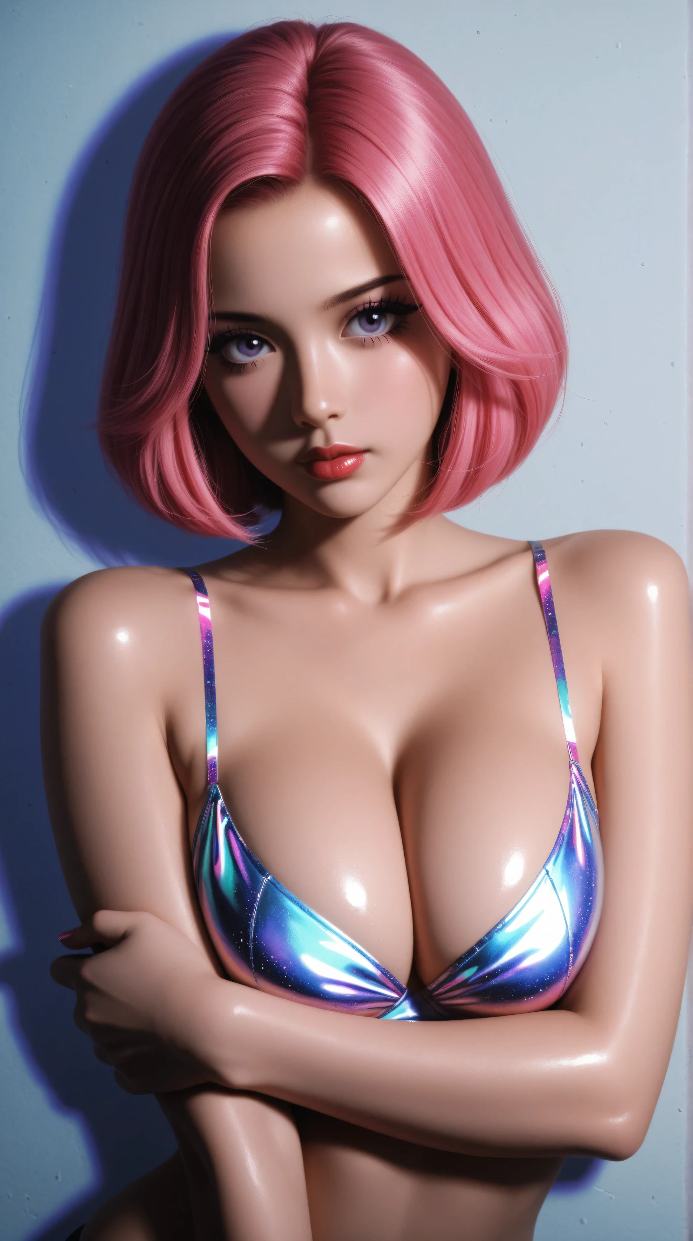 80’s glam rock makeup on shiny android face, anime, glittery face, 2.5D, moody lighting, (purples, pinks, and blues), iridescent face, pretty, sexy, minimal, sleek, slender, asian, elegant, futuristic, retro, sophisticated, big breasts, cleavage, style retro classic, master piece:1.5、(minimal art, line drawing), illustrated anime, (eyes looking off to one side), shiny skin, upper body, eye focus,