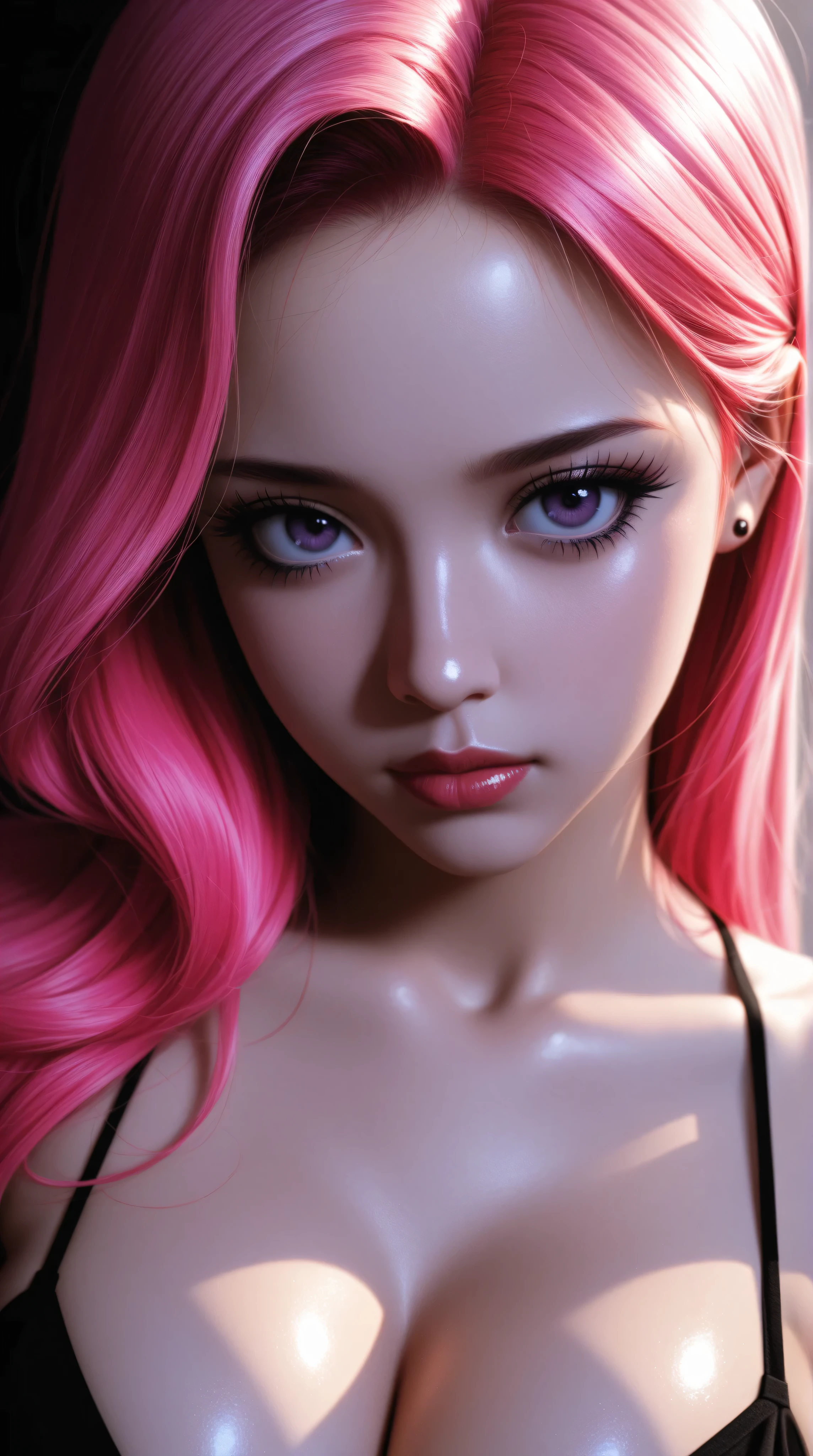 80’s glam rock makeup on shiny android face, anime, glittery face, 2.5D, moody lighting, (purples, pinks, and blues), iridescent face, pretty, sexy, minimal, sleek, slender, asian, elegant, futuristic, retro, sophisticated, big breasts, cleavage, style retro classic, master piece:1.5、(minimal art, line drawing), illustrated anime, (eyes looking off to one side), shiny skin, upper body, eye focus,
