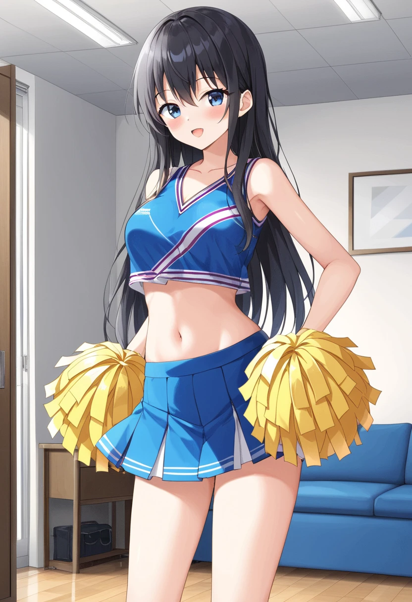 (highest quality), (masterpiece), 1080p, hd, 4k, 8k, ((leg up)), bare hands, fang tooth, grab your feet, Blunt bangs, Cheerleading uniform, , cheerleader, armpit, ((Max smile)), Low - Angle, Are standing, No sleeve, 16 years old, big breasts, whole body, troubled face, double hair buns, black hair medium, ((frilled panties)), striped panties, white panties, white socks, classroom