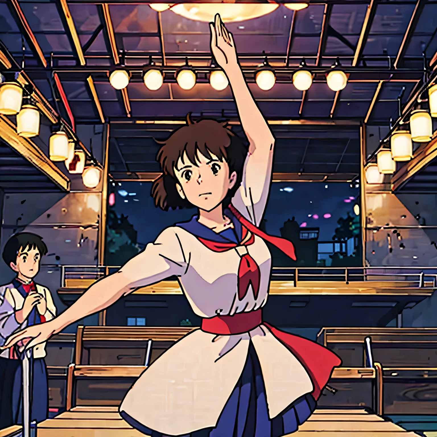 A large audience at a school festival. A beautiful female student dancing on stage. Wearing a stylish costume. The crowd is clapping and cheering. Stage lighting highlights her presence.