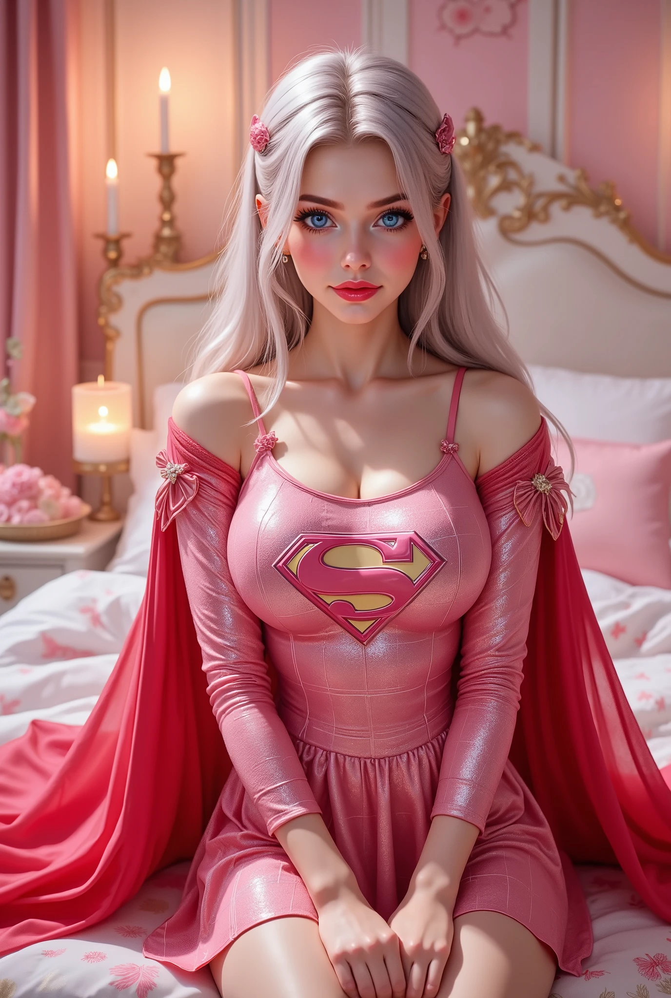 PROUDLY WEARING THE ICONIC PINK "S" EMBELEM AND A PINK PLAID VINYL SUPERGIRL COSTUME AND RED CAPE. A SEXY 35 year old girl , pigtails, beautiful face, gorgeous, beautiful, beautiful, beautiful face, pale skin, parts, SILVER hair, ANIMEVBlue eyes, full and shiny BLACK lipstick, big lips, thick lips, half-open lips , BLACK lipstick, skinny thighs, petite body, , skinny, FULL chest, skinny, body(body heigth:140cm), Big Head, innocent look, Young face, l, sweaty, Sitting in a bedroom with candles and a soft warm light. The colors of the room are pink and white , perfect eyes , very detailed BLUE eyes, beautiful and expressive, detailed eyes , 35mm photography, Movie, bokeh, professional, 4k, Highly detailed dynamic lighting, photorealistic, 8K, raw, rico, intricate details