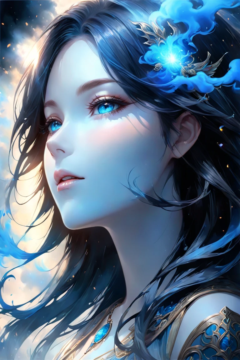 a beautiful woman looking at the stars, detailed face and expression, gorgeous blue galaxy night sky background, cinematic lighting, dramatic mood, highly detailed, photorealistic, 8k, (best quality:1.2), masterpiece, (realistic:1.37), studio lighting, ultra-fine painting, sharp focus, physically-based rendering, extreme detail description, vivid colors, fantasy, dreamlike, magical, ethereal