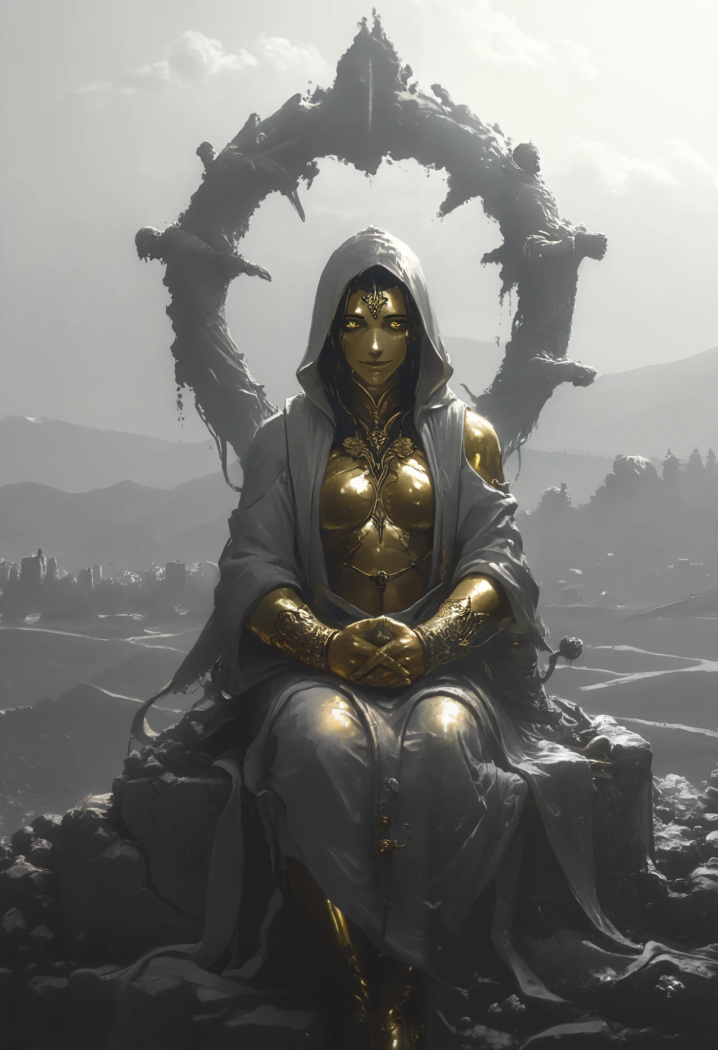 Golden Giant , eyes opening ,Ojos Dorados , ( implacable face ), hands together in prayer position ,monochrome background, grayscale,Shiva \(dios hindú Shiva\), shiny golden figure on background , ringed eyes, lotus potion meditating , statue of a thousand arms a thousand eyes on his back , Shuang Lin Monastery of Shan Lian . Guan Yin Dian . Statue of the thousand arms of the Bodhisvattva Avalokiteshvara, from the front, watching the viewer, wry smile, bright yellow eyes , feet from the bottom, looking down , obra maestra, the best quality, amazing quality, sketch, unfinished, messy line drawing , horror \(style\),:1.2), \(nr kura \):1.2),(Golden Skin ),Green poison in the veins, detailed background, landscape, outside, interiores ,