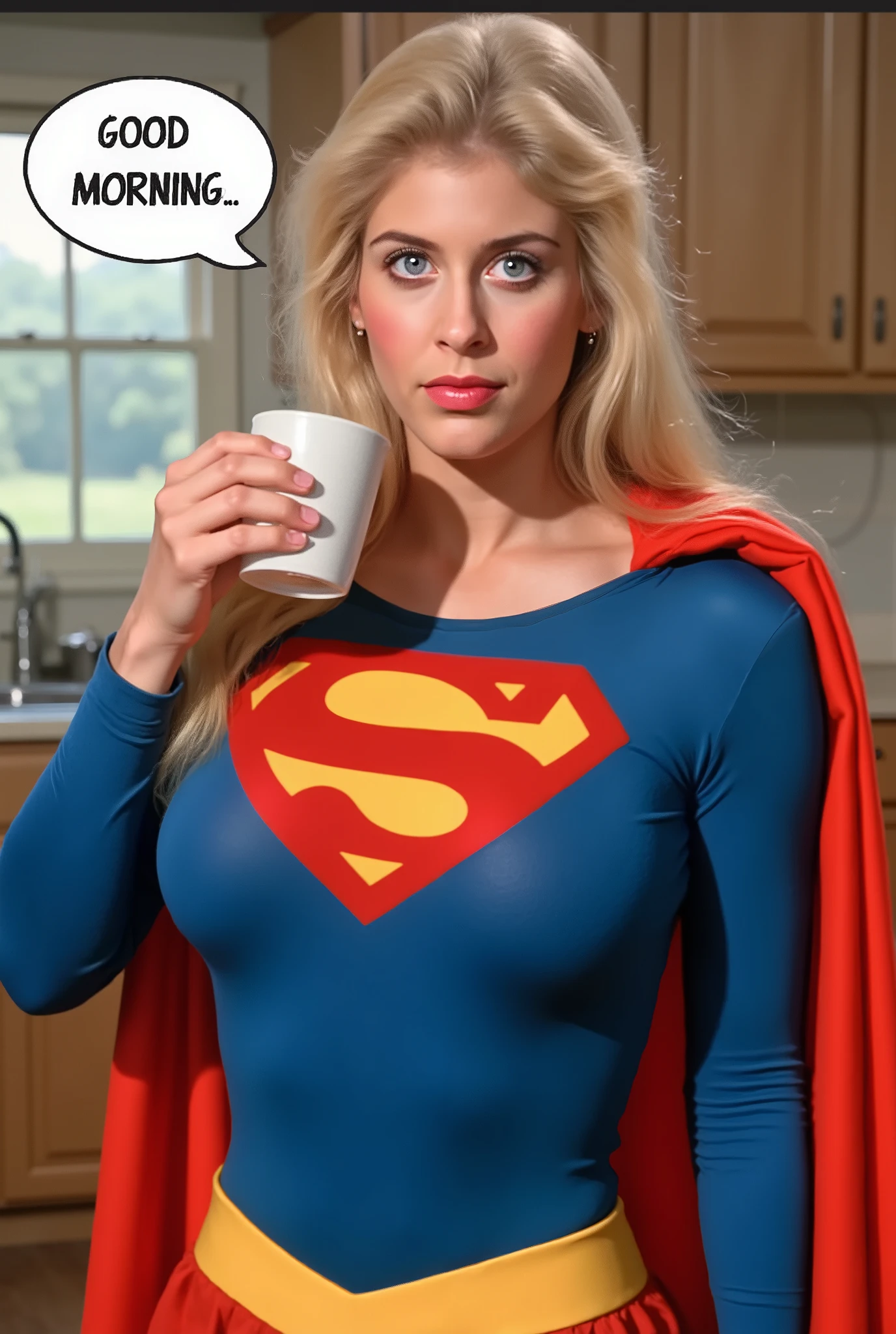 TEXT BUBBLE SAYING GOOD MORNING. BLUE EYES BLONDE HAIR (SUPERGIRL) A VERY SEXY HELEN SLATER AS SUPERGIRL WITH BLUE EYES AND LONG HAIR, WEARING A SUPERGIRL COSTUME AND CAPE. RICH 4K HIGH RES COLORS, 8K DETAILS. BLUE EYES. IN HER KITCHEN DRINKING COFFEE BEFORE SAVING THE DAY.