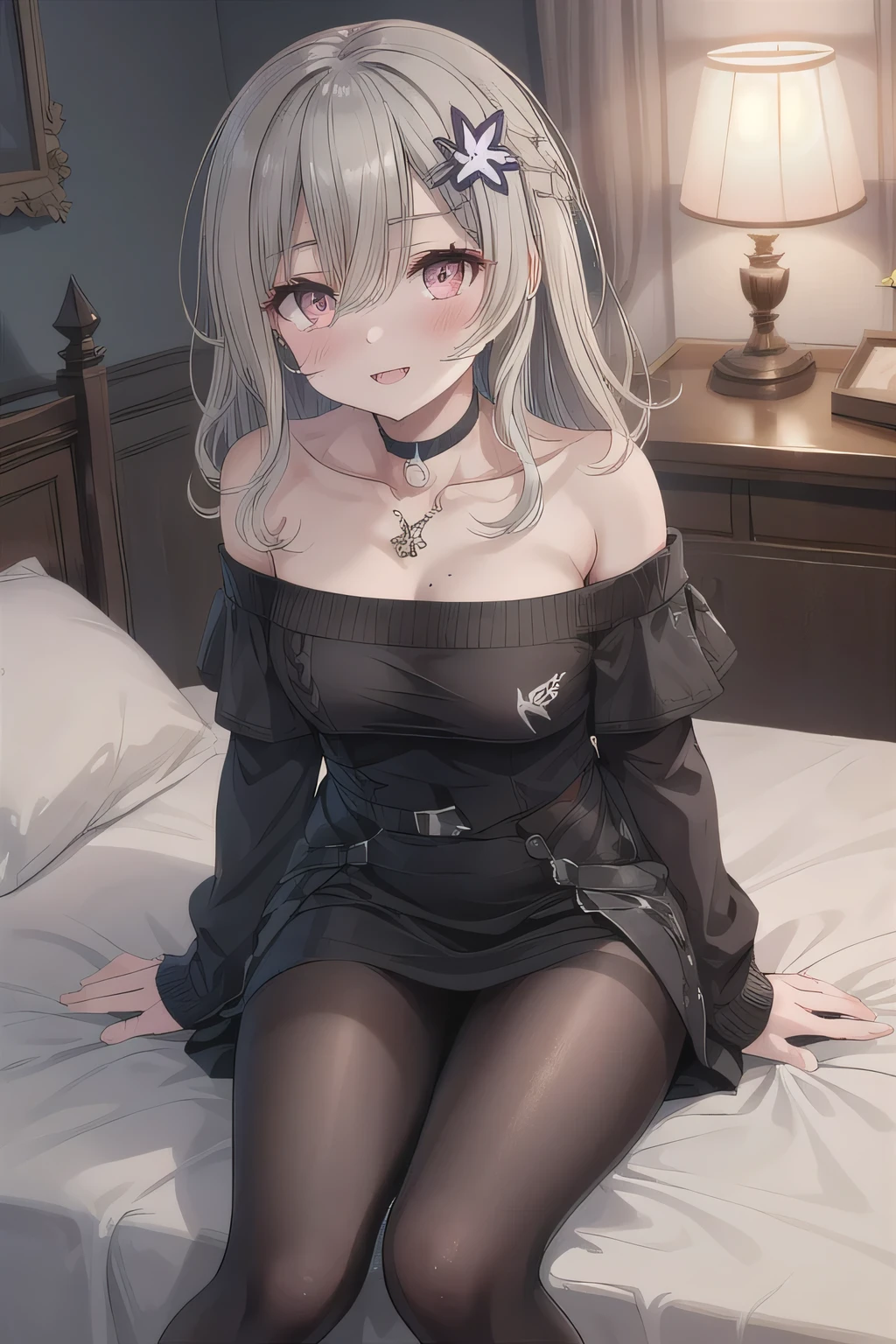 1 woman, long hair, pink eyes, hair ornament, black hairband, Black Choker, necklace、(Flower Ornament), jewelry, (Knit Sweater, black pantyhose, medium skirt), BREAK, 20 years old woman, medium breasts, slender body, (oblong face, mature female), (Put your hands between your thighs), big eyes, A bright and cheerful smile, blush, big smile, parted lips, sit on bed, (downblouse), bare shoulder, BREAK, high definition, very detailed, BREAK, myroom, BREAK, score_9, score_8up, score_7up, source_anime, (close up), BREAK, breast focus, masterpiece, anatomically correct, High Quality