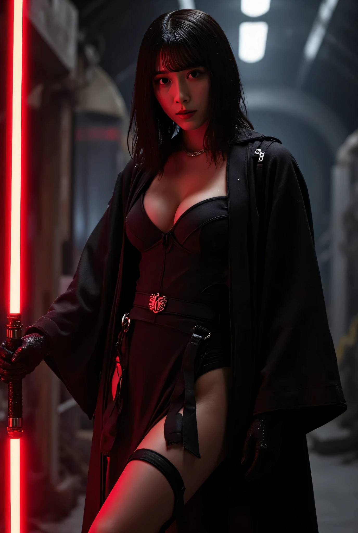 (((The dark interior of the Nostromo ship :2.0))),((( HR Gigger Style Cyberpunk Atmosphere :2.0))),(((Hold a red laser sword in the style of a Japanese sword:2.0))), Combat posture,((whole body:2.0)), one woman,( cute face),(Beautiful well-balanced face ),(( natural big breasted :2.0)),( black hair:1.5),( beautiful eyes:1.3), glamorous shot of a 20-year-old Japanese woman , Slender Beautiful Body ,(( model body type:2.0)),(( slim body with hot water:1.7)), perfect body line , Ideal Proportions ,(( big breasts:2.0)),((F cup breasts:1.5)),(Big Breasts:1.7),Bare thighs, sensual thighs, delicate body,( Muscular:1.7),A harmonious posture,((Realistic breast depiction :1.7)), carefully depicting limbs based on perfect anatomy,((Wear a samurai kimono-style military coat with an open front over a black super high-leg leotard :1.5)),(( is a super high-leg leotard made of camy-style latex that fits the body:1.5)),(( leotard that holds a Japanese sword style lightsaber:1.5)),(ear monitor:1.5),((Tactical Holster:1.5)),( gloves:1.3), Concept Art,( top quality:1.5),( Masterpiece:1.5),(Super high resolution),resolution,UHD,( delicate depiction), carefully drawn with butterfly wings ,32K,(( realistic skin texture:1.5)),((( super realistic:1.5))), eyelashes, very detailed face,Highly detailed female hand,Sexy appearance,Very sensual,(Blurry Dim Backgrounds :1.5), Professional Photoshoot,( Movie Lighting:2.0),(( Blade Runner Style Lights :2.0))