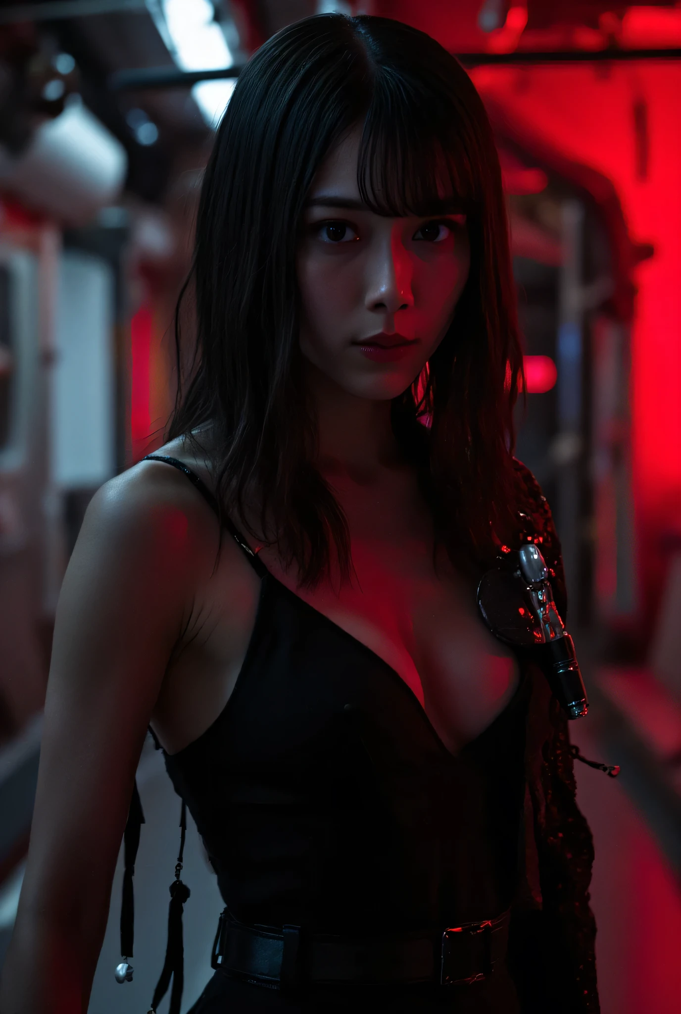 (((The dark interior of the Nostromo ship :2.0))),((( HR Gigger Style Cyberpunk Atmosphere :2.0))),(((Hold a red laser sword in the style of a Japanese sword:2.0))), Combat posture,((whole body:2.0)), one woman,( cute face),(Beautiful well-balanced face ),(( natural big breasted :2.0)),( black hair:1.5),( beautiful eyes:1.3), glamorous shot of a 20-year-old Japanese woman , Slender Beautiful Body ,(( model body type:2.0)),(( slim body with hot water:1.7)), perfect body line , Ideal Proportions ,(( big breasts:2.0)),((F cup breasts:1.5)),(Big Breasts:1.7),Bare thighs, sensual thighs, delicate body,( Muscular:1.7),A harmonious posture,((Realistic breast depiction :1.7)), carefully depicting limbs based on perfect anatomy,((Wear a samurai kimono-style military coat with an open front over a black super high-leg leotard :1.5)),(( is a super high-leg leotard made of camy-style latex that fits the body:1.5)),(( leotard that holds a Japanese sword style lightsaber:1.5)),(ear monitor:1.5),((Tactical Holster:1.5)),( gloves:1.3), Concept Art,( top quality:1.5),( Masterpiece:1.5),(Super high resolution),resolution,UHD,( delicate depiction), carefully drawn with butterfly wings ,32K,(( realistic skin texture:1.5)),((( super realistic:1.5))), eyelashes, very detailed face,Highly detailed female hand,Sexy appearance,Very sensual,(Blurry Dim Backgrounds :1.5), Professional Photoshoot,( Movie Lighting:2.0),(( Blade Runner Style Lights :2.0))