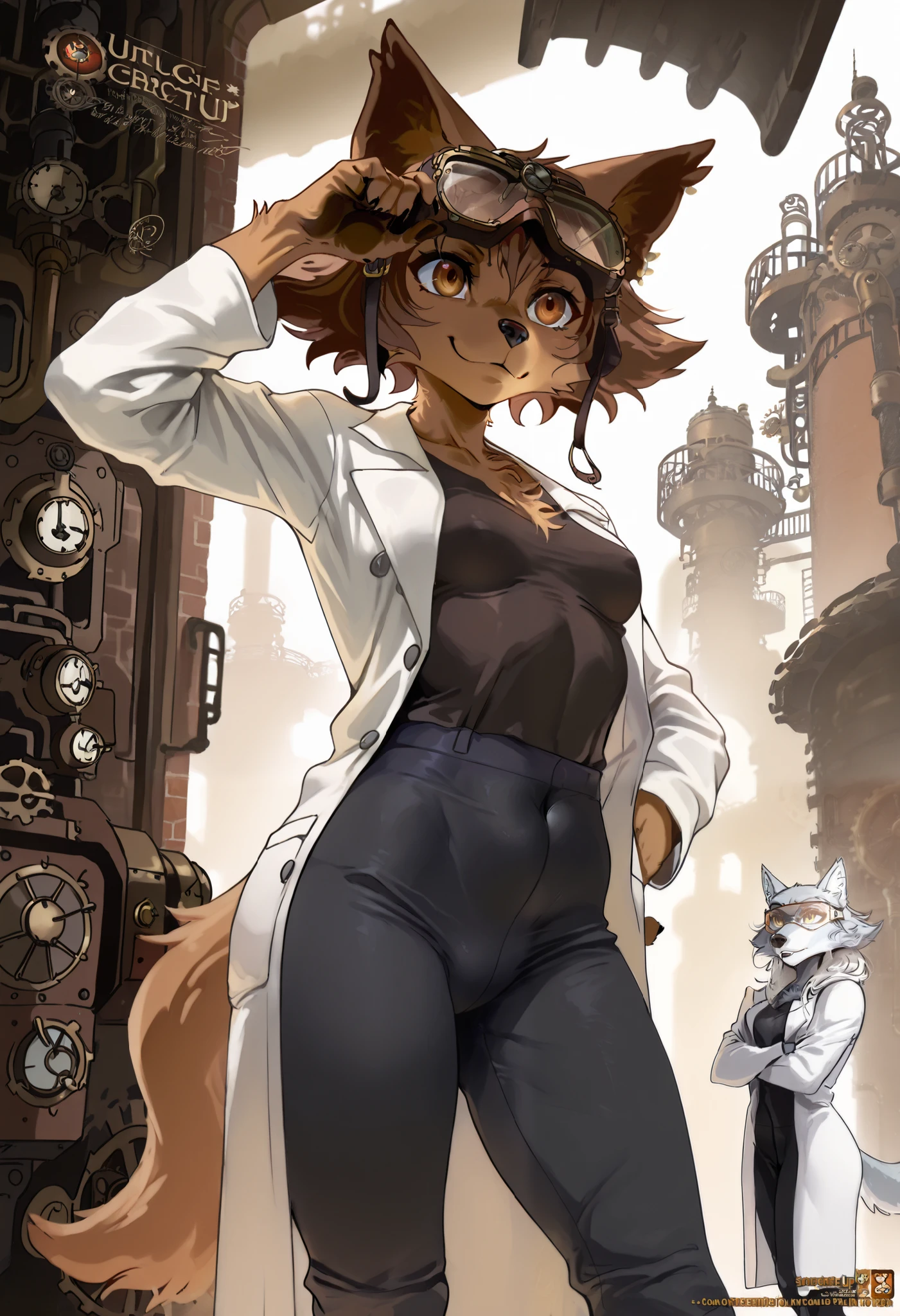 masterpiece, best quality, ultra-detailed, best illustration, solo, 1girl, furry, polt, steampunk, steampunk lab, scientist furry, anthro, brown wolf, wolf, fur, short, small butt, small breast, slender body, white coat, sicentist coat, protective glasses, according to a baker, lively, happy, energetic, confident, loose clothes, closed clothing, fully dressed
