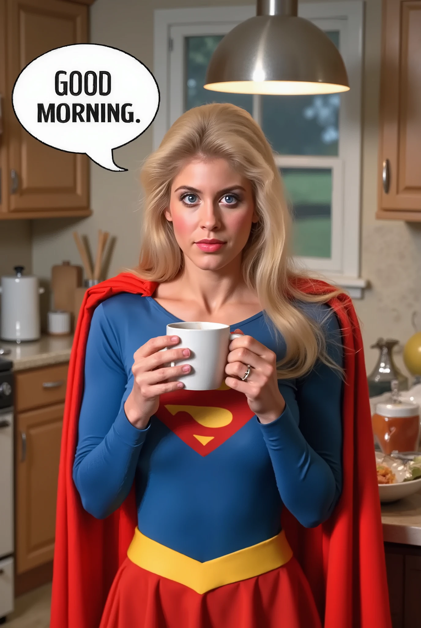 TEXT BUBBLE SAYING GOOD MORNING. BLUE EYES BLONDE HAIR (SUPERGIRL) A VERY SEXY HELEN SLATER AS SUPERGIRL WITH BLUE EYES AND LONG HAIR, WEARING A SUPERGIRL COSTUME AND CAPE. RICH 4K HIGH RES COLORS, 8K DETAILS. BLUE EYES. IN HER KITCHEN DRINKING COFFEE BEFORE SAVING THE DAY.