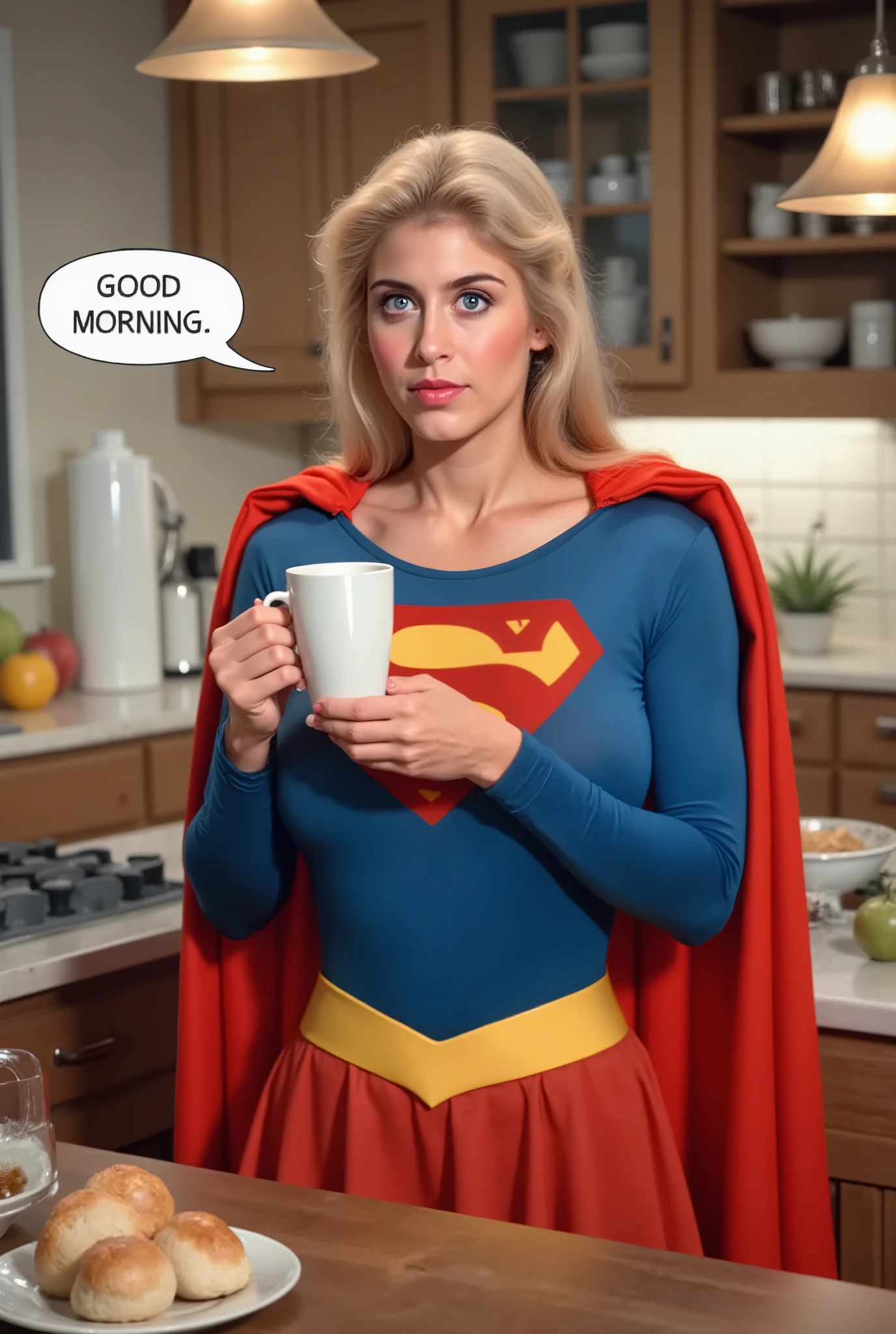TEXT BUBBLE SAYING GOOD MORNING. BLUE EYES BLONDE HAIR (SUPERGIRL) A VERY SEXY HELEN SLATER AS SUPERGIRL WITH BLUE EYES AND LONG HAIR, WEARING A SUPERGIRL COSTUME AND CAPE. RICH 4K HIGH RES COLORS, 8K DETAILS. BLUE EYES. IN HER KITCHEN DRINKING COFFEE BEFORE SAVING THE DAY.