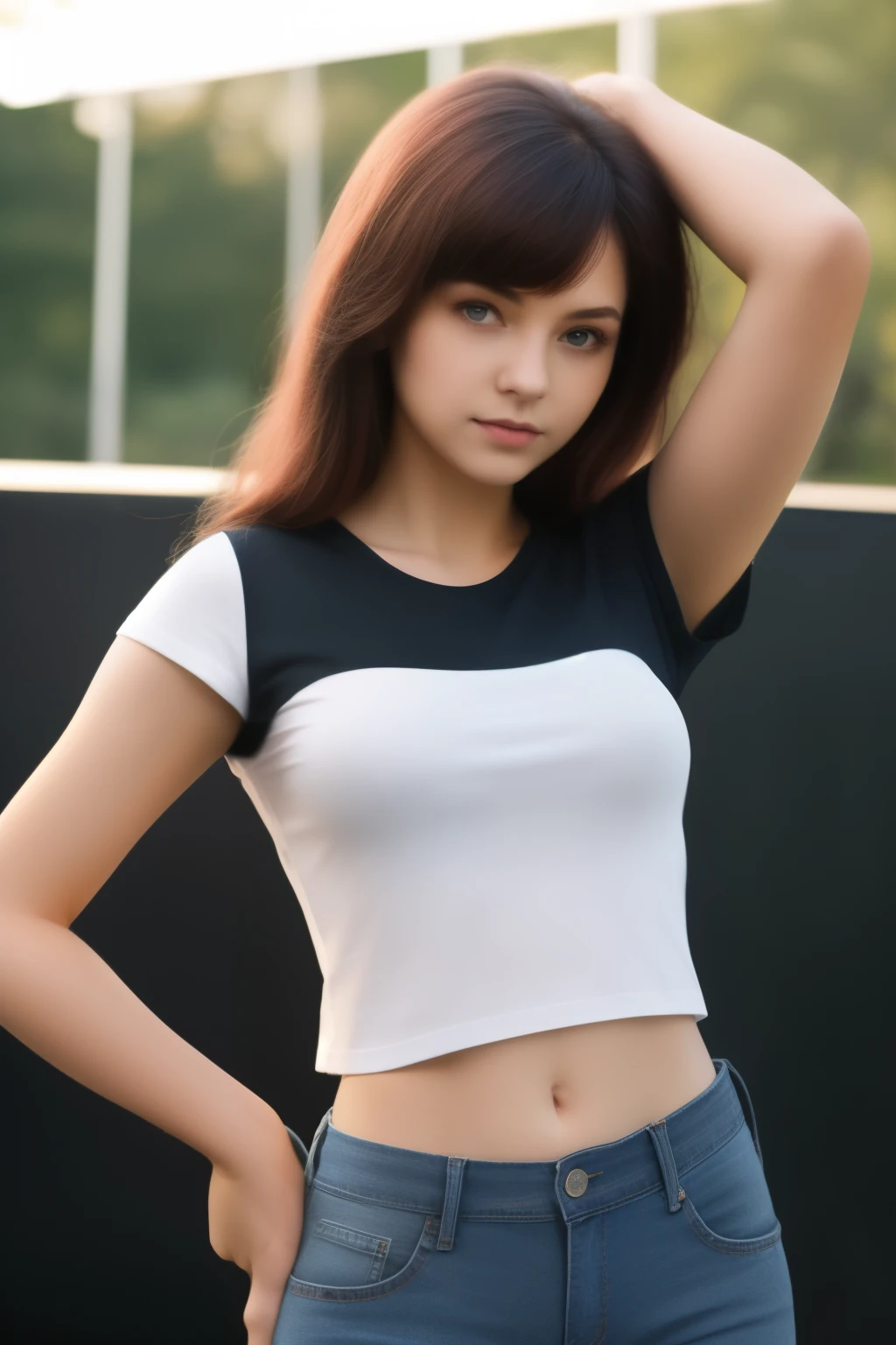  girl, big chest, red hair, wild hairstyle, big light red eyes, medium nose, black t-shirt, shows navel and blue jeans.