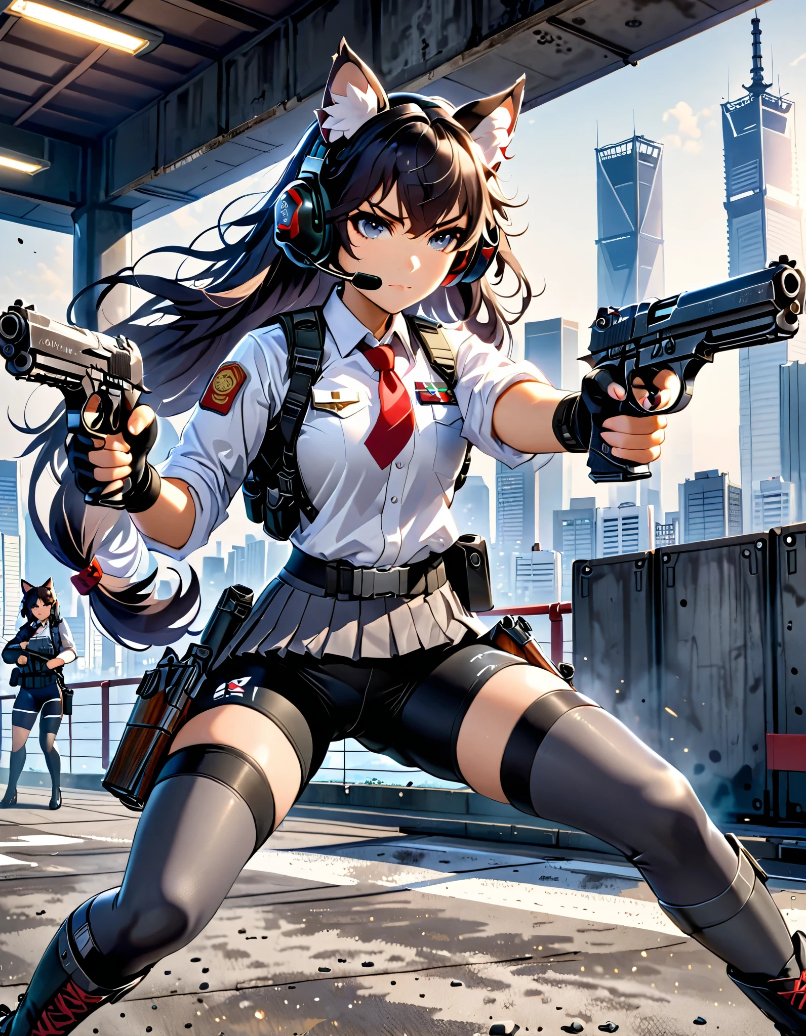 masterpiece, best quality, high res, 4k, 8k, solo focus, 1girl, female samurai, Japanese military officer, (catgirl:1.2, furry ears:1.2), college-aged female, headset, ((long hair, black hair, hair ornament)), white-collared shirt, red necktie, shoulder holster, ((bike shorts, pleated skirt, miniskirt)), (full dark grey leggings:1.4), (knee boots, high heels), (((dual weilding Berretta 92 pistols, shooter))), aggressive battle stance, Tokyo skyline, wharf, a military helicopter hovering above, concrete ground, dutch angle, intense atmosphere, intense expressive. action shot.