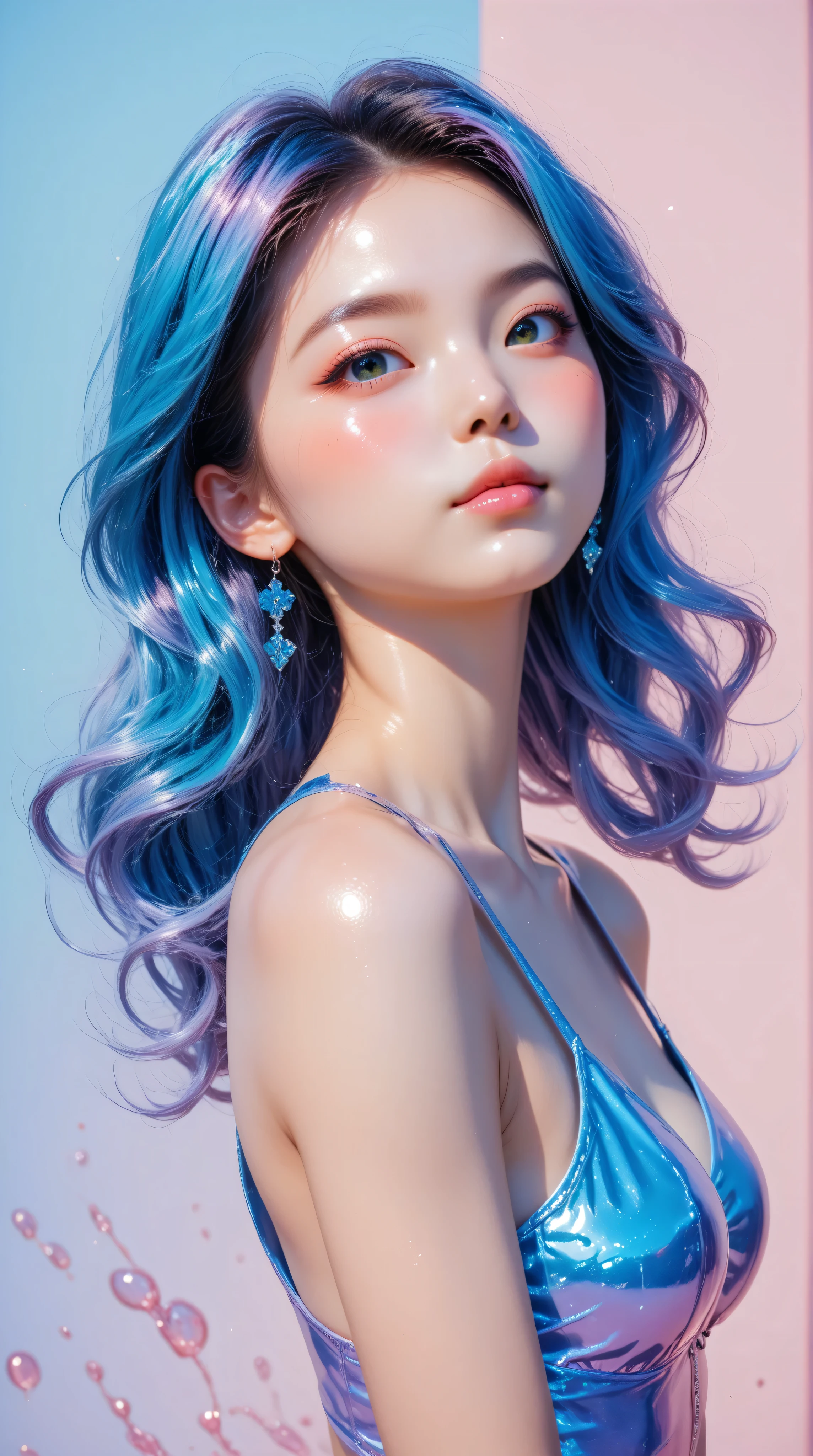 Kizi girl，Highly detailed, Amazing work，Vitreous luster,((clean backdrop))，In pink，(((blue colors)))，green color，red colour，Best quality at best，clean backdrop, shiny skin, very young asian girl, ite, slender, perfect breasts, sexy, heavy blushing, submissive, 