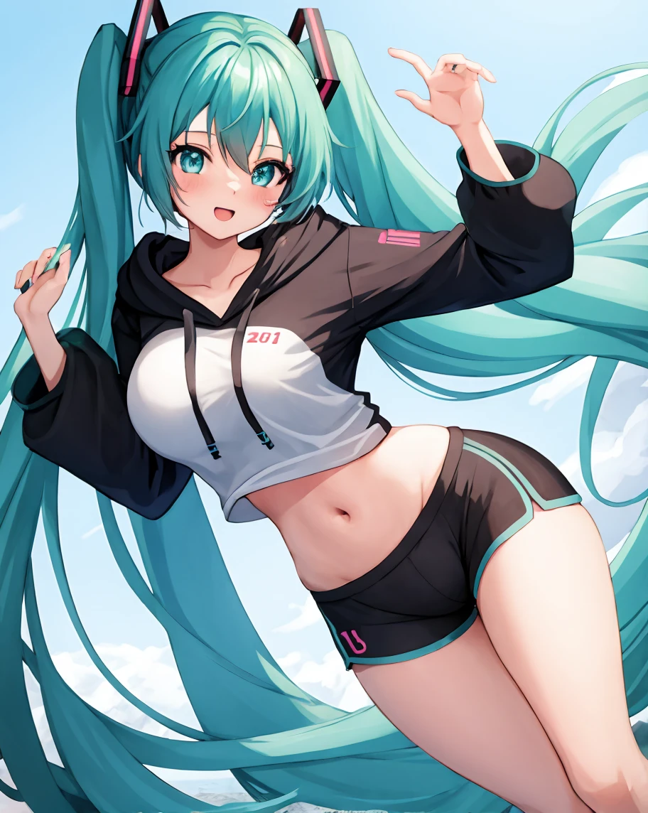 (masterpiece), (highest quality), Very detailed, High resolution, One pregnant girl, Focus Only, Skin dents,Sports Bra,Shorts,pantyhose, Perfect Face, Swollen face, Beautiful Face, Big eyes, Puffy eyes, Perfect Eyes, eyelash, Third Trimester Of Pregnancy, Hatsune Miku,Very detailed顔,
