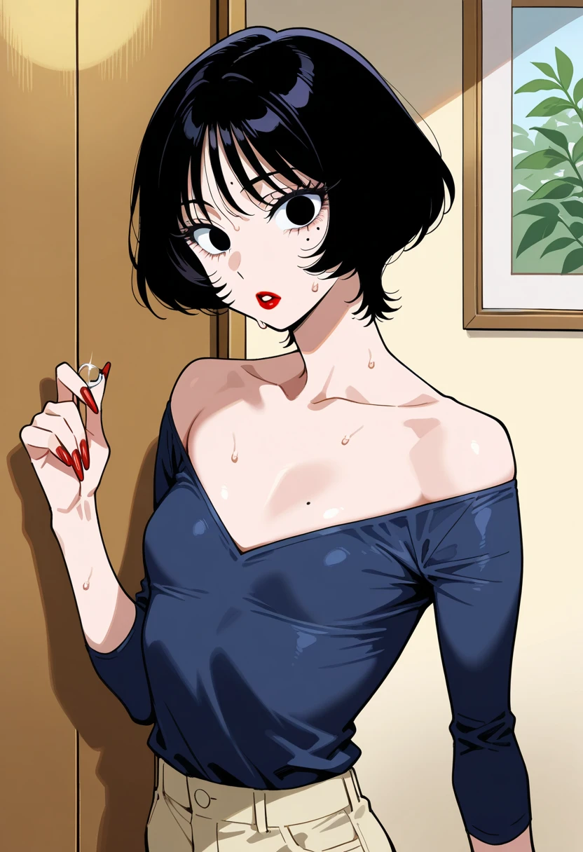 a woman of apparently medium height and slender build, com cabelos ruivos separados para a direita e amarrados em um rabo de cavalo baixo com franja, wearing a white sweater with a plunging neckline and a polka dot print skirt