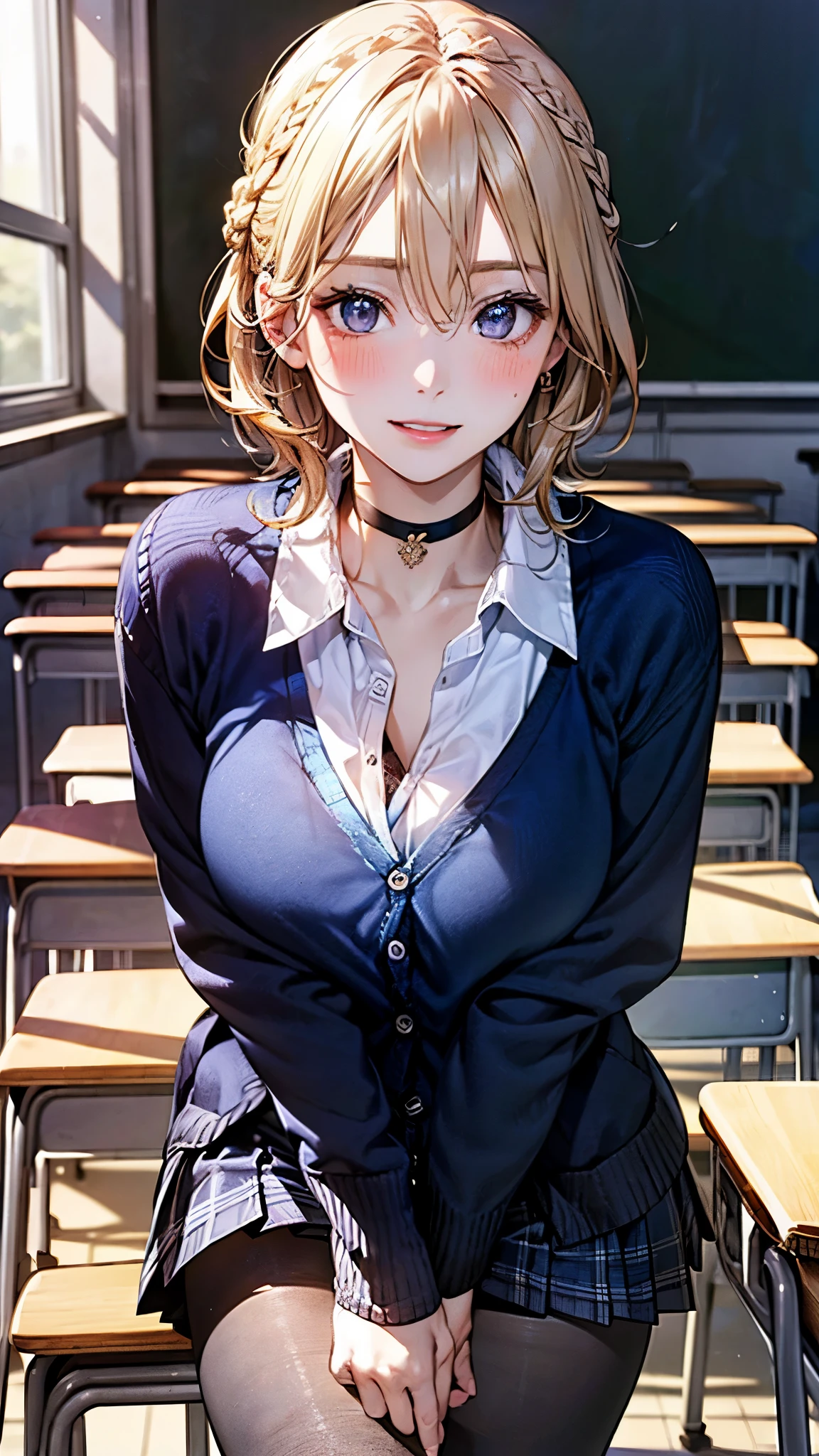 (masterpiece:1.2, top-quality), (realistic, photorealistic:1.4), beautiful illustration, (natural side lighting, movie lighting), , 
looking at viewer, 1 girl, japanese, perfect face, cute and symmetrical face, shiny skin, round face, (suntan, tanline), 
(medium hair, braid hair:1.3, blonde hair, blunt bangs:1.2), red eyes, (drooping eyes), long eye lasher, pink lip, (large breasts:0.6, thick thighs), 
beautiful hair, beautiful face, beautiful detailed eyes, beautiful clavicle, beautiful body, beautiful chest, beautiful thigh, beautiful legs, beautiful fingers, 
((gray cardigan:1.4), pink tank dress, (zettai ryouiki), [cleavage cutout]), piercing, necklace, 
(beautiful scenery), morning, sunlight, back lighting, (classroom:1.5), wariza, spread legs:1.8, (seductive smile), 