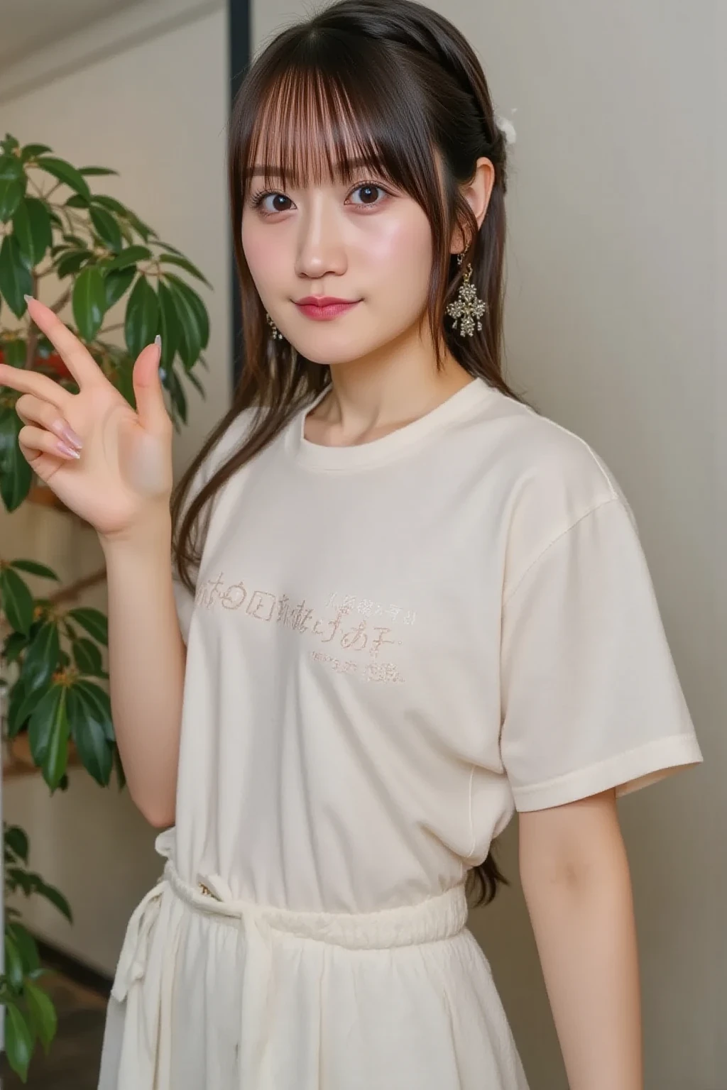 (((masterpiece))), ((photo realistic:1.2)), (full body), ((Japanese girl)), no makeup, ((broad jawline)), puffy face, colorful, casual, (light brown hair, short bob cut, messy hair), (Oversized Plain T-shirt), (Lace tiered mini skirt), from bottom, shy smile