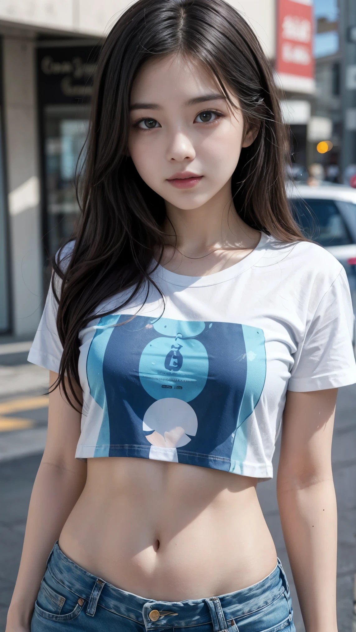 Teen Girl、Cute teenage girl 16 years old、Japan girl at 16 years old、Tube TopTShirt and denim shorts、tube top transparent breasts、 Crystal clear water、sparkling sun、reflect。Less susceptible to gravity in water、Its movements are graceful and light。 The figure of beauty can float on the water。Her hair flowed wet、Background: Municipal swimming pool、Dance like a curtain of transparent water。A smile,Wet with water