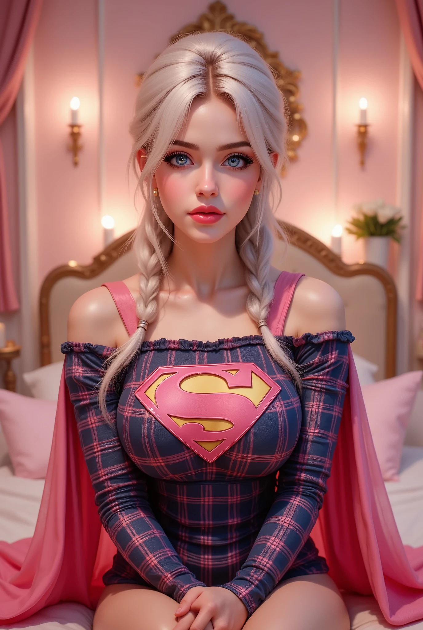 PROUDLY WEARING THE ICONIC PINK "S" EMBELEM AND A PINK PLAID VINYL SUPERGIRL COSTUME AND RED CAPE. A SEXY 35 year old girl , pigtails, beautiful face, gorgeous, beautiful, beautiful, beautiful face, pale skin, parts, SILVER hair, ANIMEVBlue eyes, full and shiny BLACK lipstick, big lips, thick lips, half-open lips , BLACK lipstick, skinny thighs, petite body, , skinny, FULL chest, skinny, body(body heigth:140cm), Big Head, innocent look, Young face, l, sweaty, Sitting in a bedroom with candles and a soft warm light. The colors of the room are pink and white , perfect eyes , very detailed BLUE eyes, beautiful and expressive, detailed eyes , 35mm photography, Movie, bokeh, professional, 4k, Highly detailed dynamic lighting, photorealistic, 8K, raw, rico, intricate details