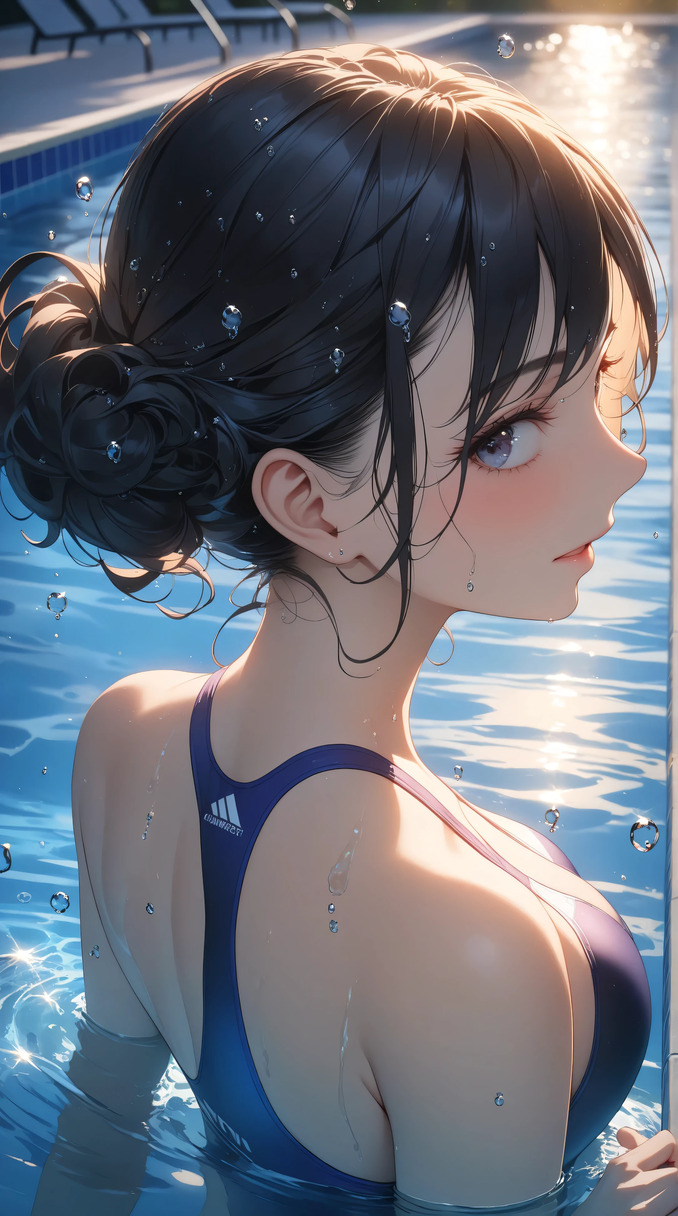 ((masterpiece, best quality, extremely detailed, absurdres, very aesthetic, amazing quality, Beautiful light)), Poolside, 1woman, competitive swimsuit, upper body above water, showing back, leaning back, water splash, beautiful expression of water, beautiful water drops BREAK mignight:1.1