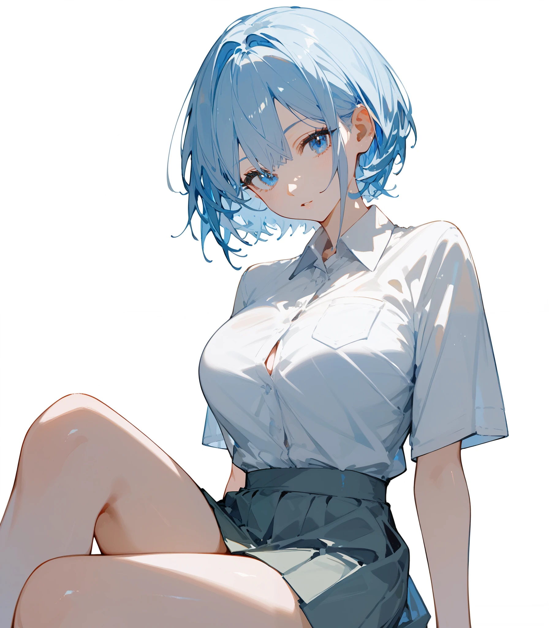 girl, light blue hair, in blue eyes, short hair , white shirt , white background, big breasts,Blue-white hair,thin,fit,thinเพรียว,Lime gray skirt,Fabric skirt ,student,sit