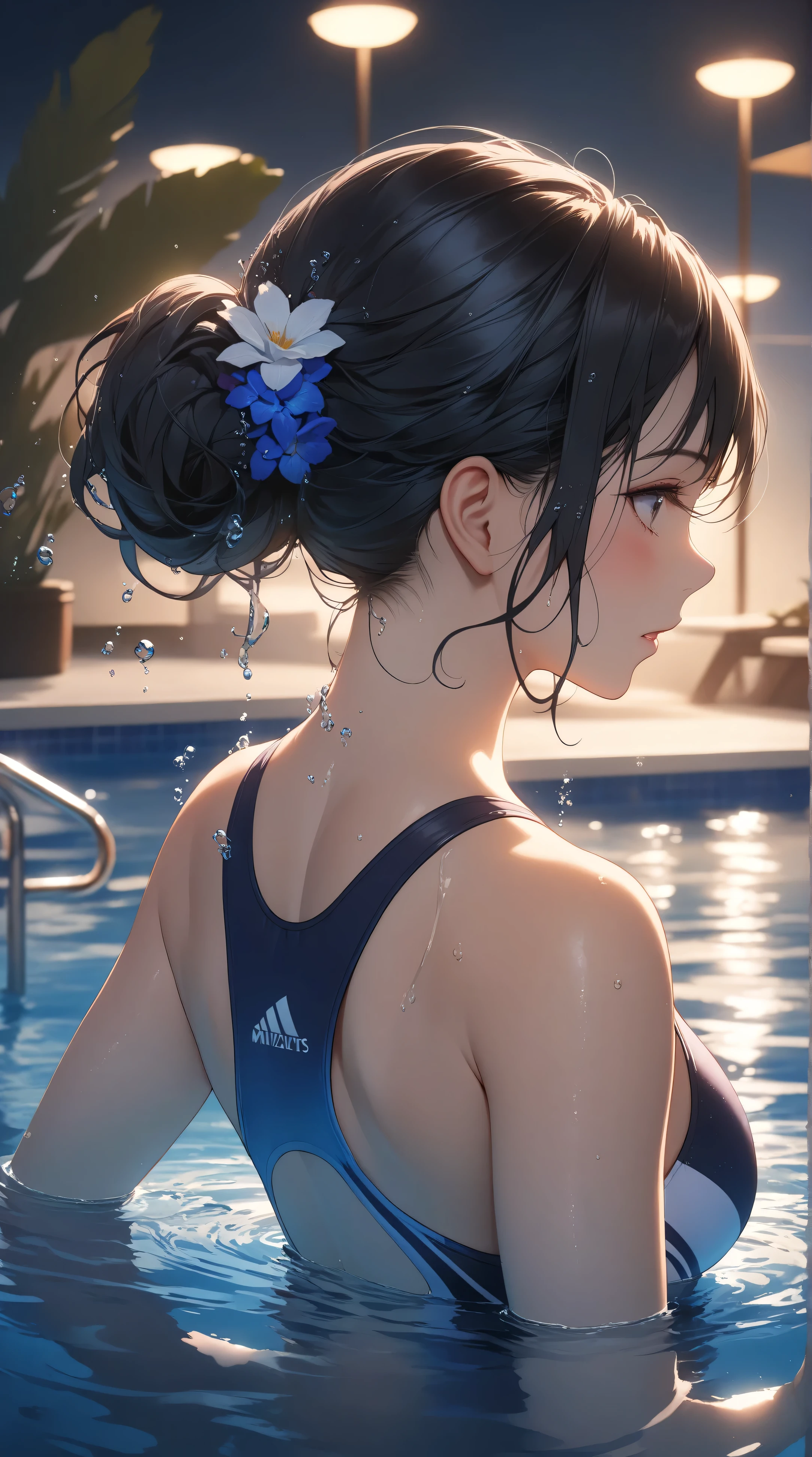 ((masterpiece, best quality, extremely detailed, absurdres, very aesthetic, amazing quality, Beautiful light)), Poolside, 1woman, competitive swimsuit, upper body above water, showing back, leaning back, water splash, beautiful expression of water, beautiful water drops BREAK mignight:1.1