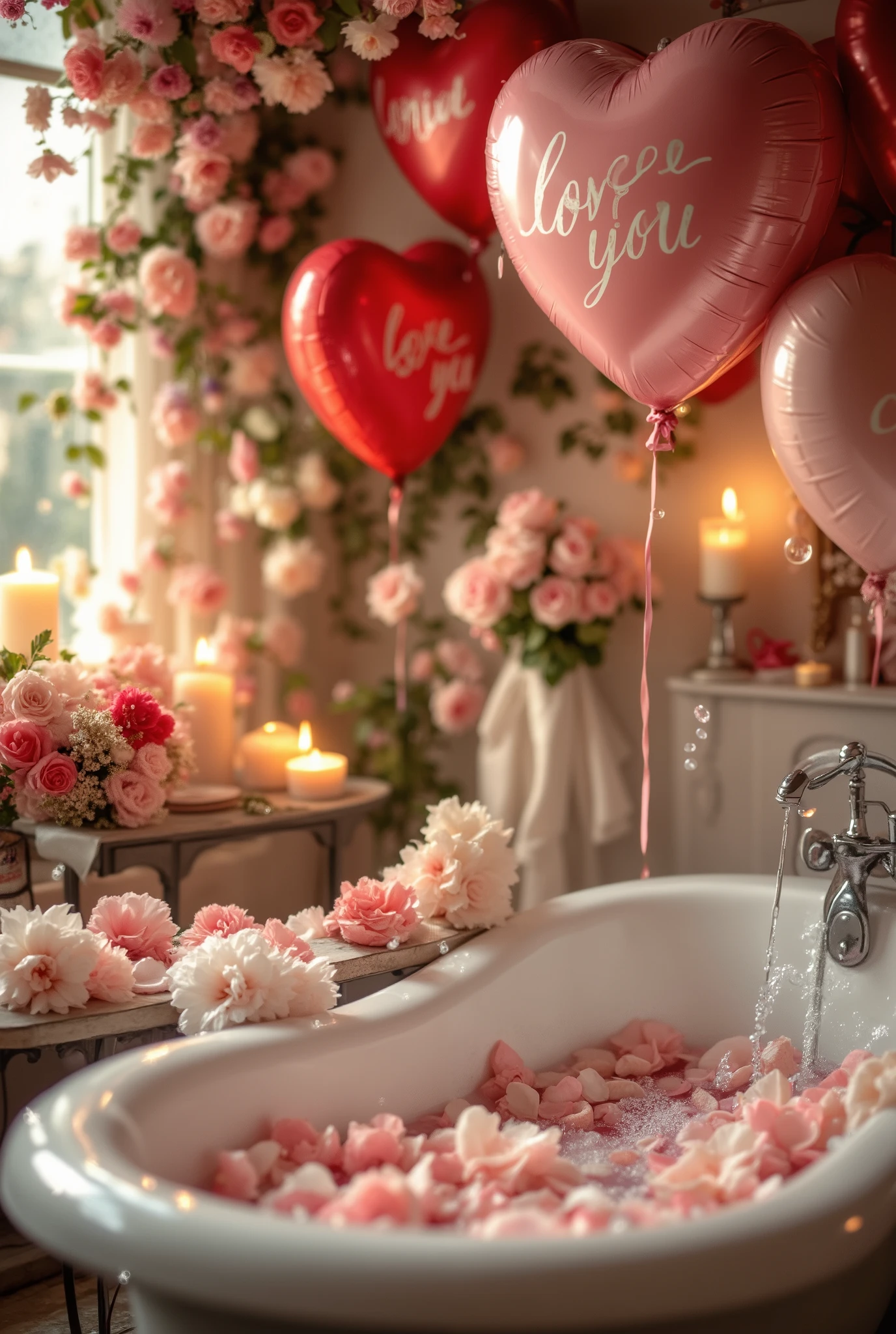 Beautiful flowers lie near the bathtub on a small table, very beautiful heart-shaped balloons , soap bubbles beautiful bright , text "love you" the bath is written very clearly and beautifully , beautiful petals in the bathroom water float , small candles are burning , romance, 8 k, better quality, complicated details, maximum number of details , Masterpiece , ultra details, high quality shank, beautifully designed ,
