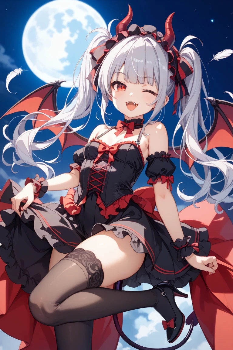 ((1 person Vampire girl)), (((1 person))), ((Red eyes)), cute, Very cute face, Black mini skirt dress with red accents, Cute dress with frills, Lingerie with lace, ((Demon wings on his back)), Configuration from below, Silver Hair, Long twin tails, ((blush)), Hyper Detail Eyes, (((Dynamic and seductive poses))),  ((Holding a giant death scythe in his hand)), (Flying in the night sky), (((Body floating in the air))), (Moonlit Night, Purple glowing magic circle)), (Very detailed, Highest quality, 8k, 16K, 32K), Beautiful illustrations, Hyper Detail Skin, 