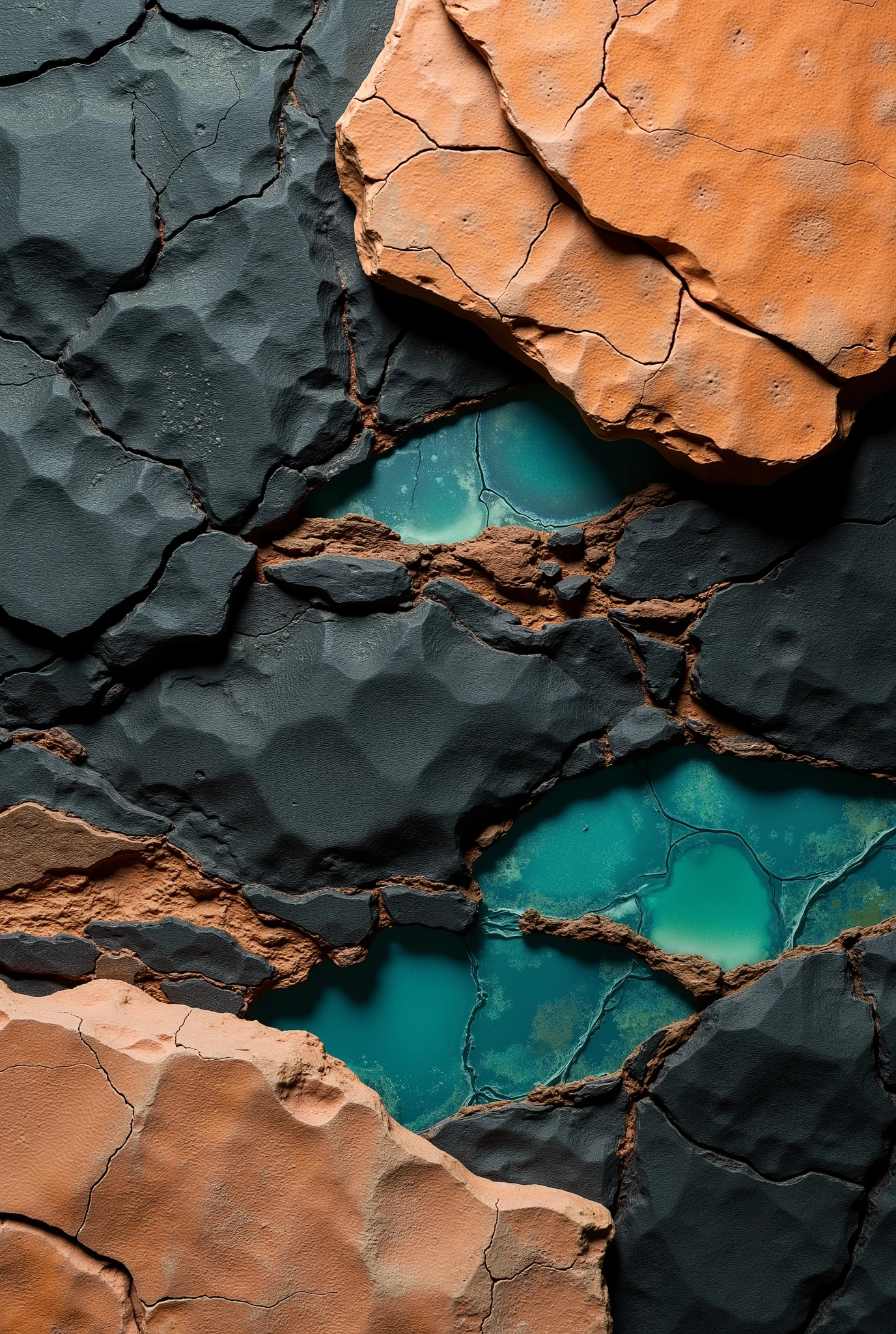 An abstract composition merging weathered canyon rock layers with digital data corruption. Use a stark color palette of [dusty terracotta, ash gray, and obsidian black] disrupted by [neon green pixel glitches / electric blue static fractures]. Incorporate textures like cracked parched earth, fragmented digital noise, and translucent overlapping strata. Style: Asymmetric, raw, and chaotic, with jagged edges and a mix of matte and glossy finishes. Avoid symmetry, geometric patterns, or recognizable shapes. 8K resolution, no AI repetition or artifacts