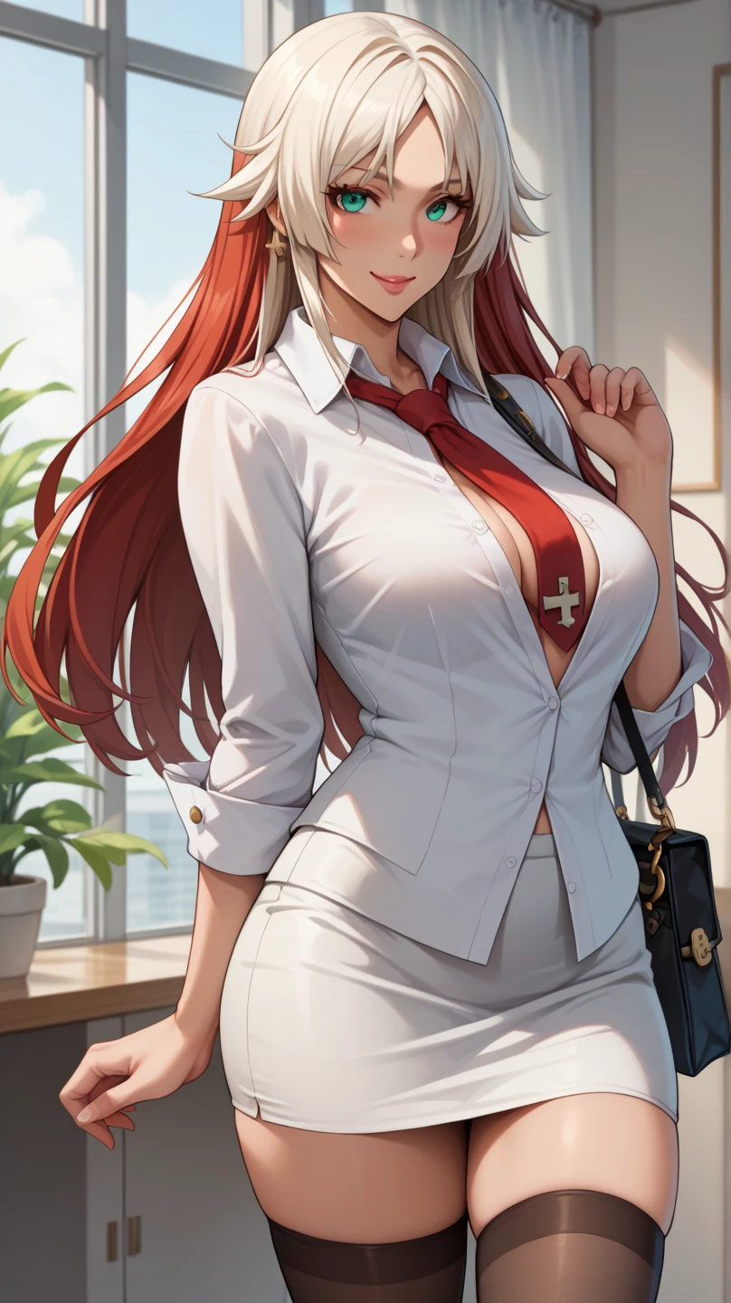 masterpiece, mischievous smile, light blush, looking at viewer, huge breasts, precise hands, sexy pose, side ponytail, sen3alisa, scrunchie, choker, white jacket, white dress, red belt, thigh boots, large breasts, detailed office in the background, topless