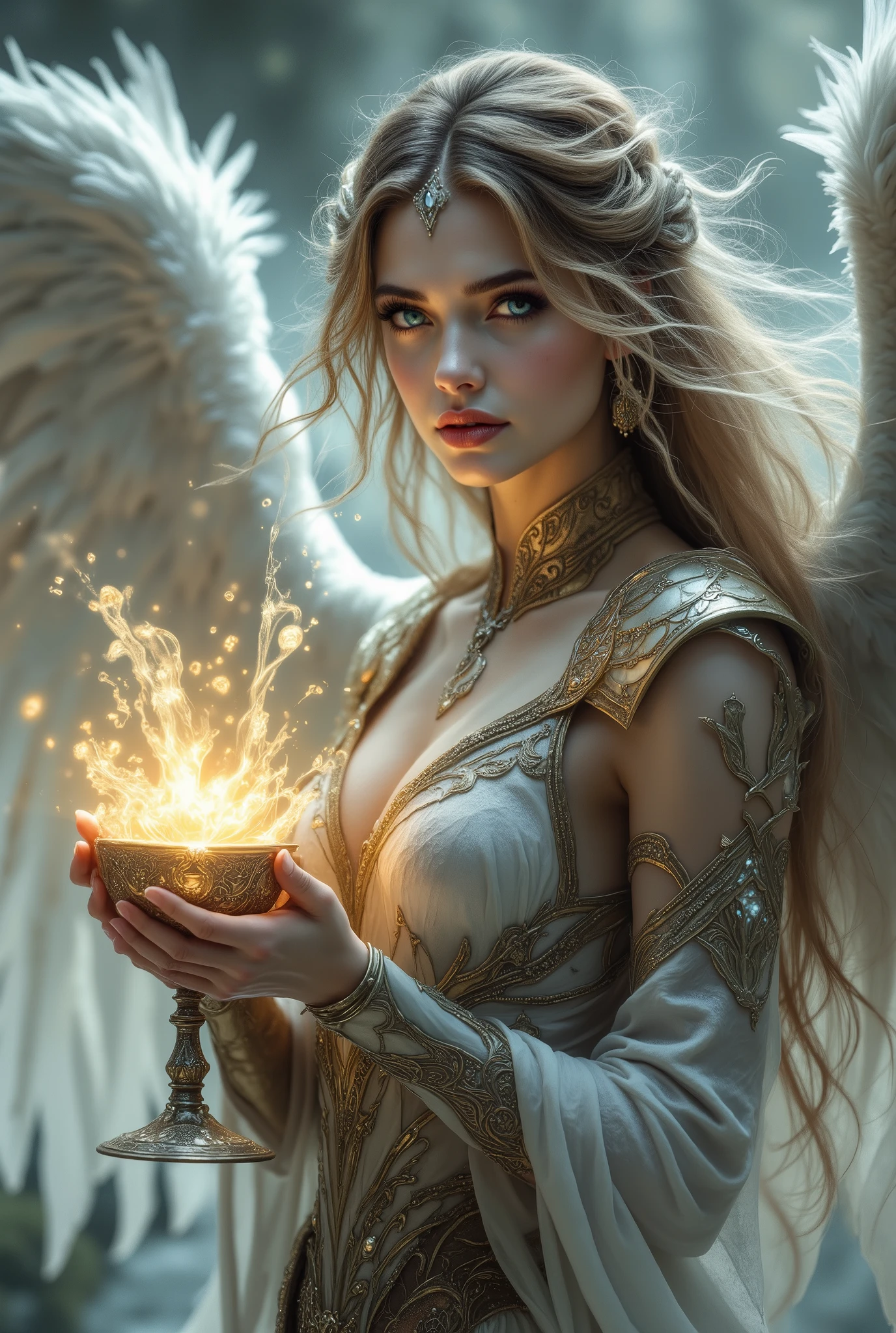Beautiful sexy Angel girl in a beautiful outfit with light armor , Lovely long hair, very large and lush wings snow-white wings , in her hand a beautiful glowing goblet with patterns from which water flows with a beautiful glow, magic, Masterpiece , 8 k, better quality, complicated details, maximum number of details , fantasy style, Fantasy, maximum quality ,