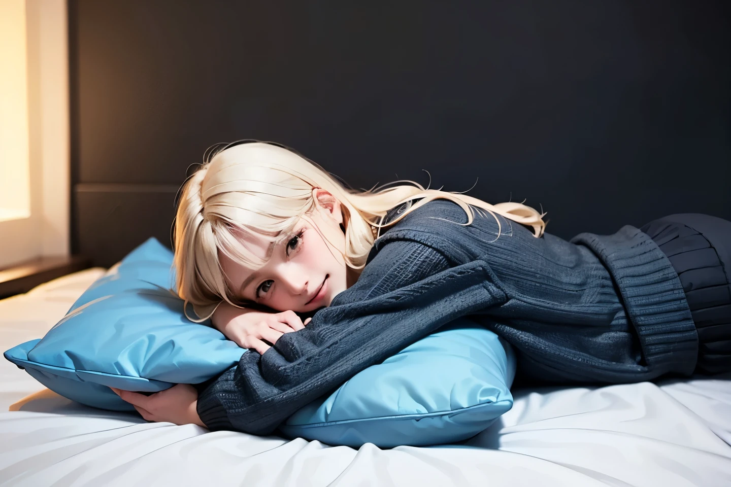 top quality, hd ,4k , high contrast , semi-realistic, 1lady, solo, smile, casual, long hair,long light platinum blonde hair, bangs, blue coat, gray naked sweater, moonlight, unique, Lying down, hugging pillow