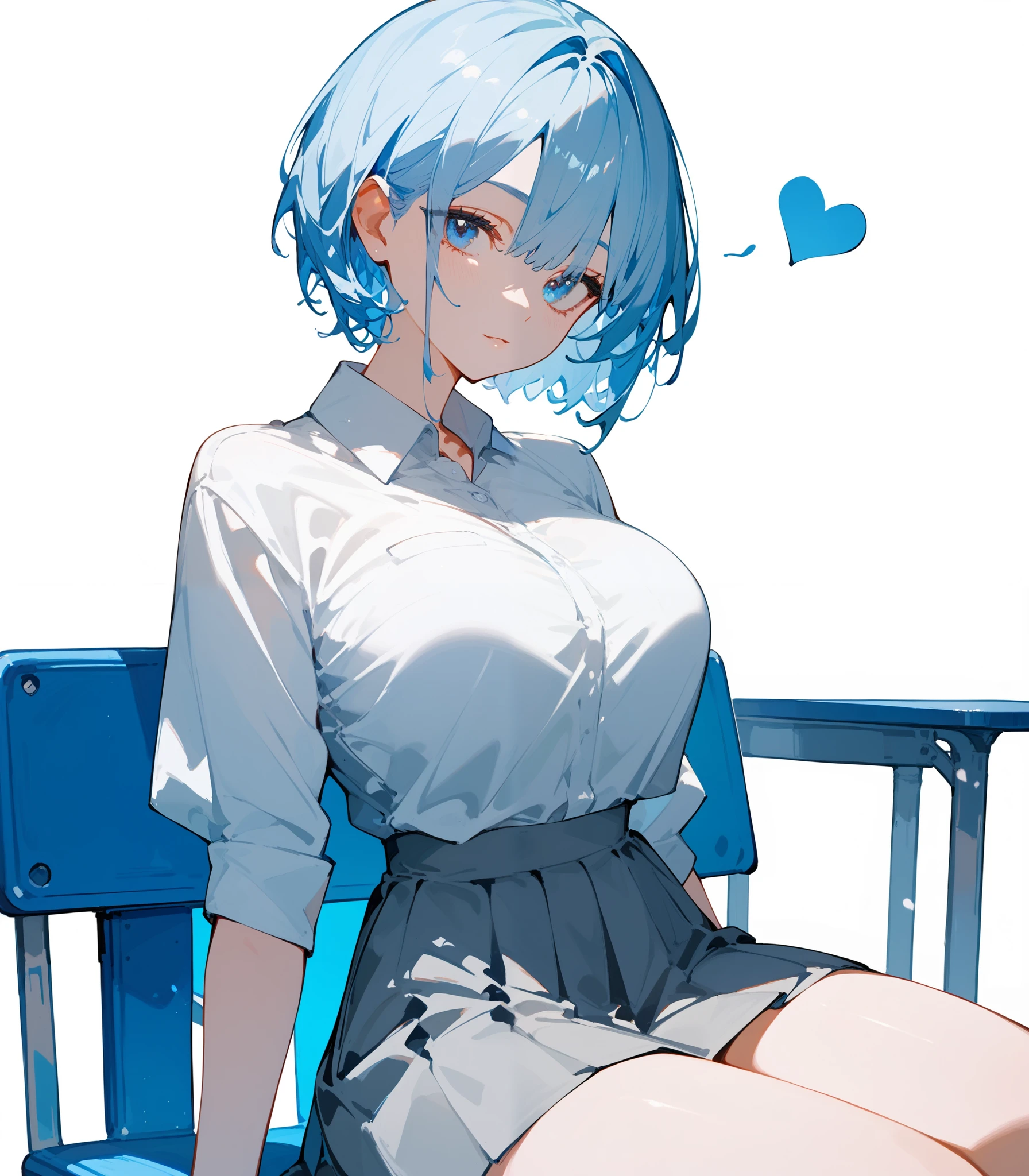 girl, light blue hair, in blue eyes, short hair , white shirt , white background, big breasts,Blue White Hair ,thin,fit,thinเพรียว, Light Grey Skirt,Fabric skirt ,student,sit,heart