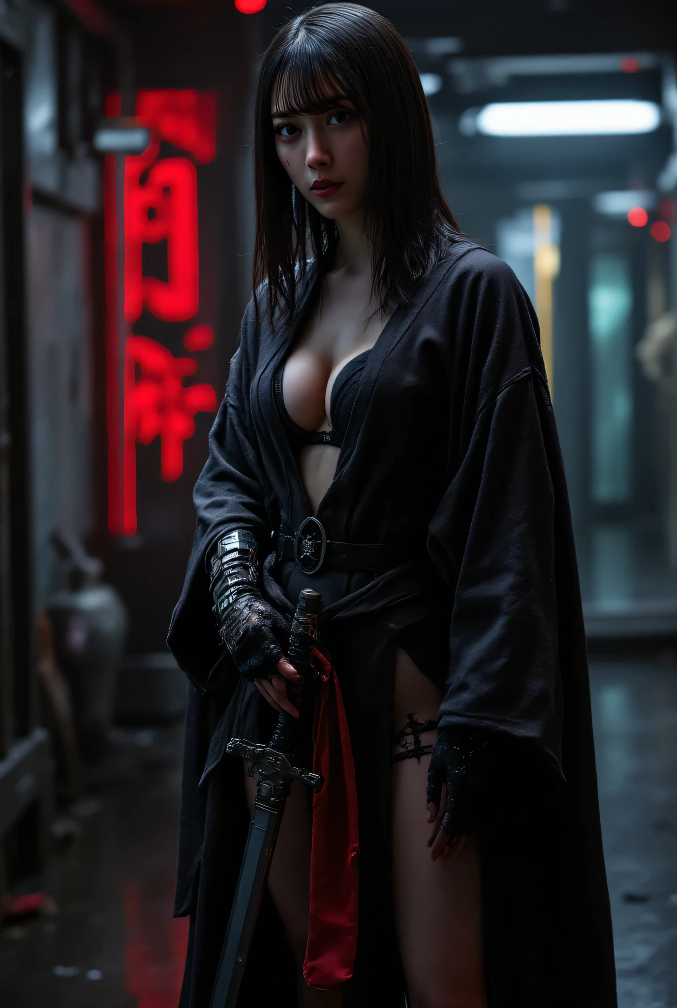 (((The dark interior of the Nostromo ship :2.0))),((( HR Gigger Style Cyberpunk Atmosphere :2.0))),(((Hold a cyberpunk-style Japanese sword:2.0))), Standing,((whole body:2.0)), one woman,( cute face),(Beautiful well-balanced face ),(( natural big breasted :2.0)),( black hair:1.5),( beautiful eyes:1.3), glamorous shot of a 20-year-old Japanese woman , Slender Beautiful Body ,(( model body type:2.0)),(( slim body with hot water:1.7)), perfect body line , Ideal Proportions ,(( big breasts:2.0)),((F cup breasts:1.5)),Big Breasts,Bare thighs, sensual thighs, delicate body,( Muscular:1.7),A harmonious posture,((Realistic breast depiction :1.7)), carefully depicting limbs based on perfect anatomy,((Wear a samurai kimono-style military coat with an open front over a black super high-leg leotard :1.5)),(( is a super high-leg leotard made of camy-style latex that fits the body:1.5)),(( leotard that holds a Japanese sword style lightsaber:1.5)),(ear monitor:1.5),((Tactical Holster:1.5)),( gloves:1.3), concept art,( top quality:1.5),( Masterpiece:1.5),(Super high resolution),resolution,UHD,( delicate depiction), carefully drawn with butterfly wings ,32K,(( realistic skin texture:1.5)),((( super realistic:1.5))), eyelashes, very detailed face,Highly detailed female hand,Sexy appearance,Very sensual,(Blurry Dim Backgrounds :1.5), Professional Photoshoot,( Movie Lighting:2.0),(( Blade Runner Style Lights :2.0))