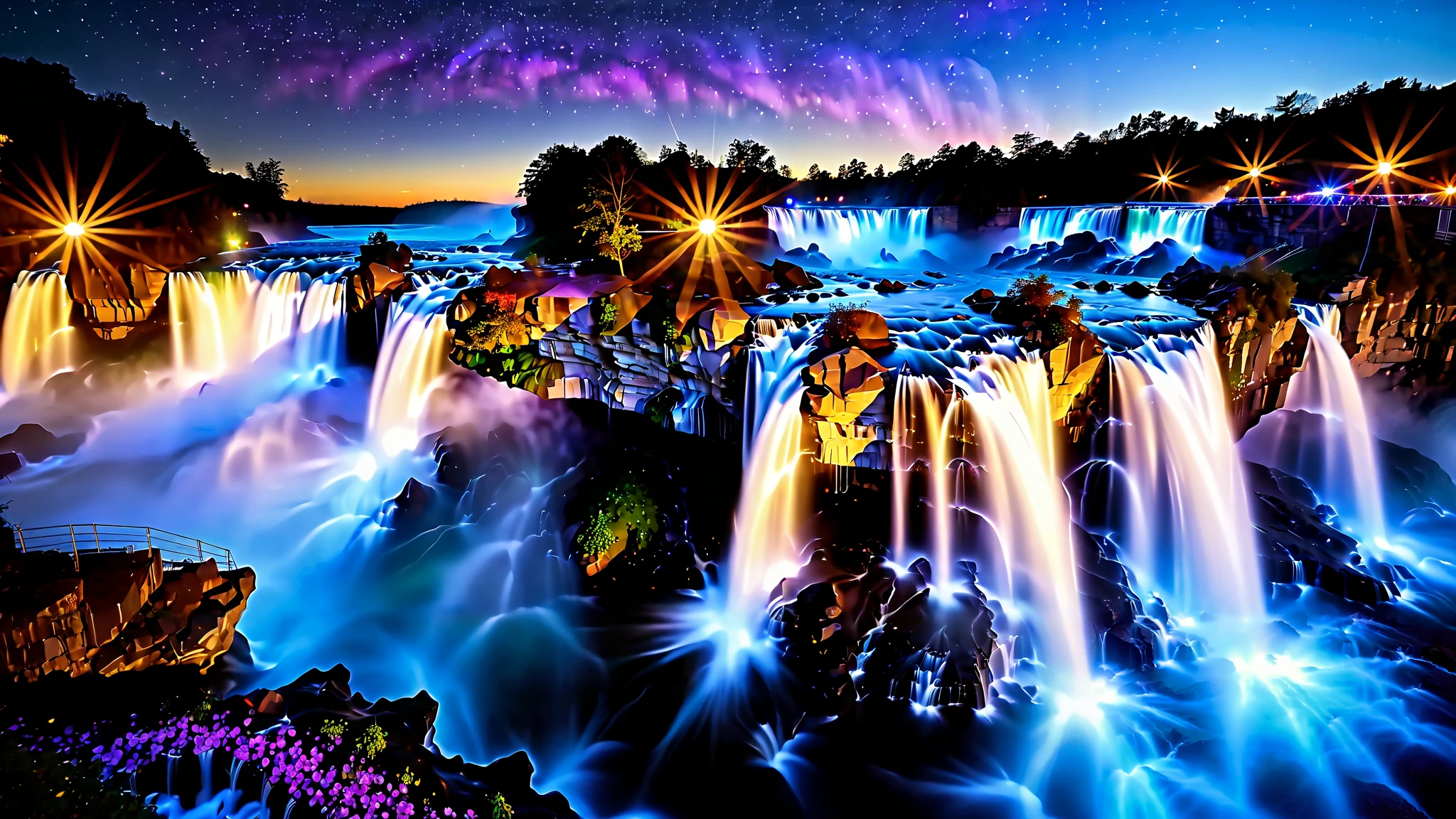 A masterpiece in 32K resolution , top quality , very detailed, realistic expression, high-resolution 32K wallpaper , shot with a fisheye lens , The flow of many layers of waterfall , Niagara Falls , spectacular scale ,A very high waterfall with ,Bird's Eye View, very detailedな特徴, Amazing Details . spectacular waterfall that falls directly from the starry sky , falling on metal , shining cliff surface . sparkling blue and purple water , holographic streams intertwine . bioluminescent flowers and trees 々 shining at the bottom of the valley 々 magazine in photos , Its Leaves Reflect the Light of Water . floating light that envelops the scene , mysterious addition , creates an otherworldly atmosphere ., } countless stars in the background 々 and galaxy clusters ,Mysterious charm, mysterious atmosphere, fantastic atmosphere with splashes of water ,