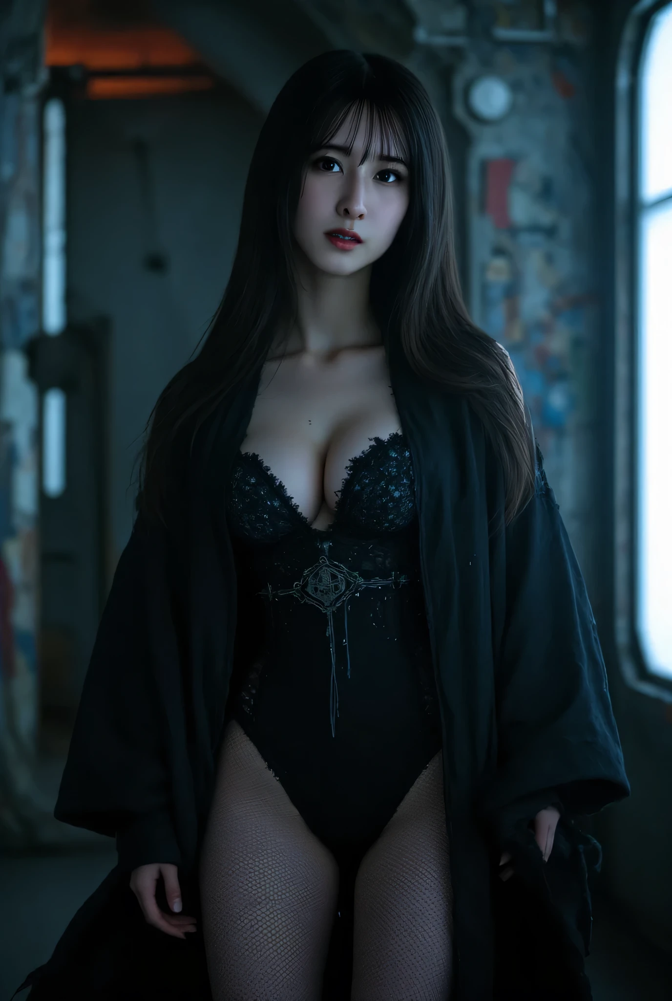 (((The dark interior of the Nostromo ship :2.0))),((( HR Gigger Style Cyberpunk Atmosphere :2.0))),(((Hold a cyberpunk-style Japanese sword:2.0))), Standing,((whole body:2.0)), one woman,( cute face),(Beautiful well-balanced face ),(( natural big breasted :2.0)),( black hair:1.5),( beautiful eyes:1.3), glamorous shot of a 20-year-old Japanese woman , Slender Beautiful Body ,(( model body type:2.0)),(( slim body with hot water:1.7)), perfect body line , Ideal Proportions ,(( big breasts:2.0)),((F cup breasts:1.5)),Big Breasts,Bare thighs, sensual thighs, delicate body,( Muscular:1.7),A harmonious posture,((Realistic breast depiction :1.7)), carefully depicting limbs based on perfect anatomy,((Wear a samurai kimono-style military coat with an open front over a black super high-leg leotard :1.5)),(( is a super high-leg leotard made of camy-style latex that fits the body:1.5)),(( leotard that holds a Japanese sword style lightsaber:1.5)),(ear monitor:1.5),((Tactical Holster:1.5)),( gloves:1.3), concept art,( top quality:1.5),( Masterpiece:1.5),(Super high resolution),resolution,UHD,( delicate depiction), carefully drawn with butterfly wings ,32K,(( realistic skin texture:1.5)),((( super realistic:1.5))), eyelashes, very detailed face,Highly detailed female hand,Sexy appearance,Very sensual,(Blurry Dim Backgrounds :1.5), Professional Photoshoot,( Movie Lighting:2.0),(( Blade Runner Style Lights :2.0))