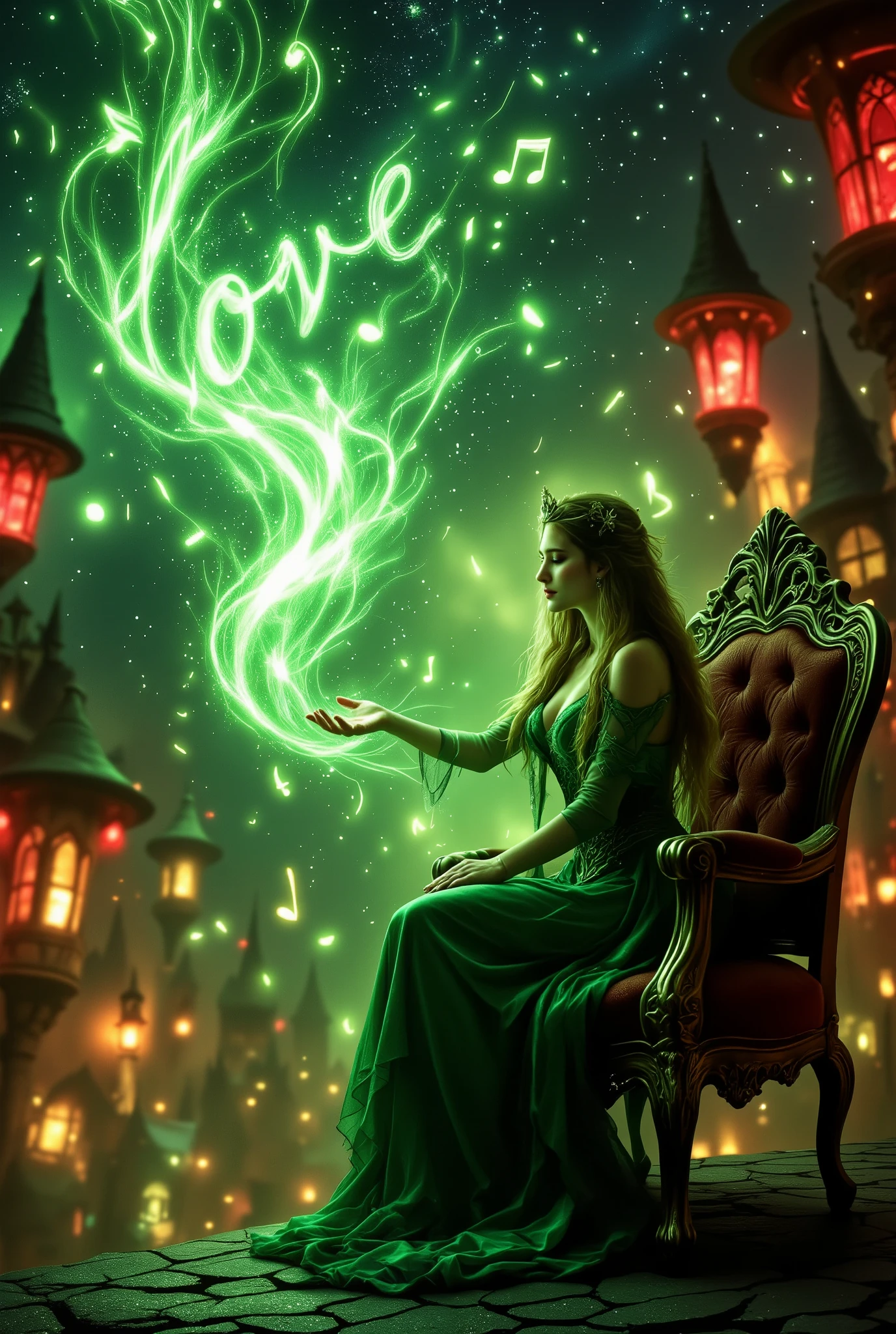 magic, sparkling stretches throughout the picture. Very beautiful in beautiful green and red colors , notes float very beautifully between the buildings , , the beautiful sorceress girl sits on a beautiful chair and waving her arms creates beautiful magic words "love" very beautifully and in detail , Night, beautiful Starry , better quality, complicated details, maximum number of details , Masterpiece , 8 k, maximum quality , fantasy style, Fantasy,