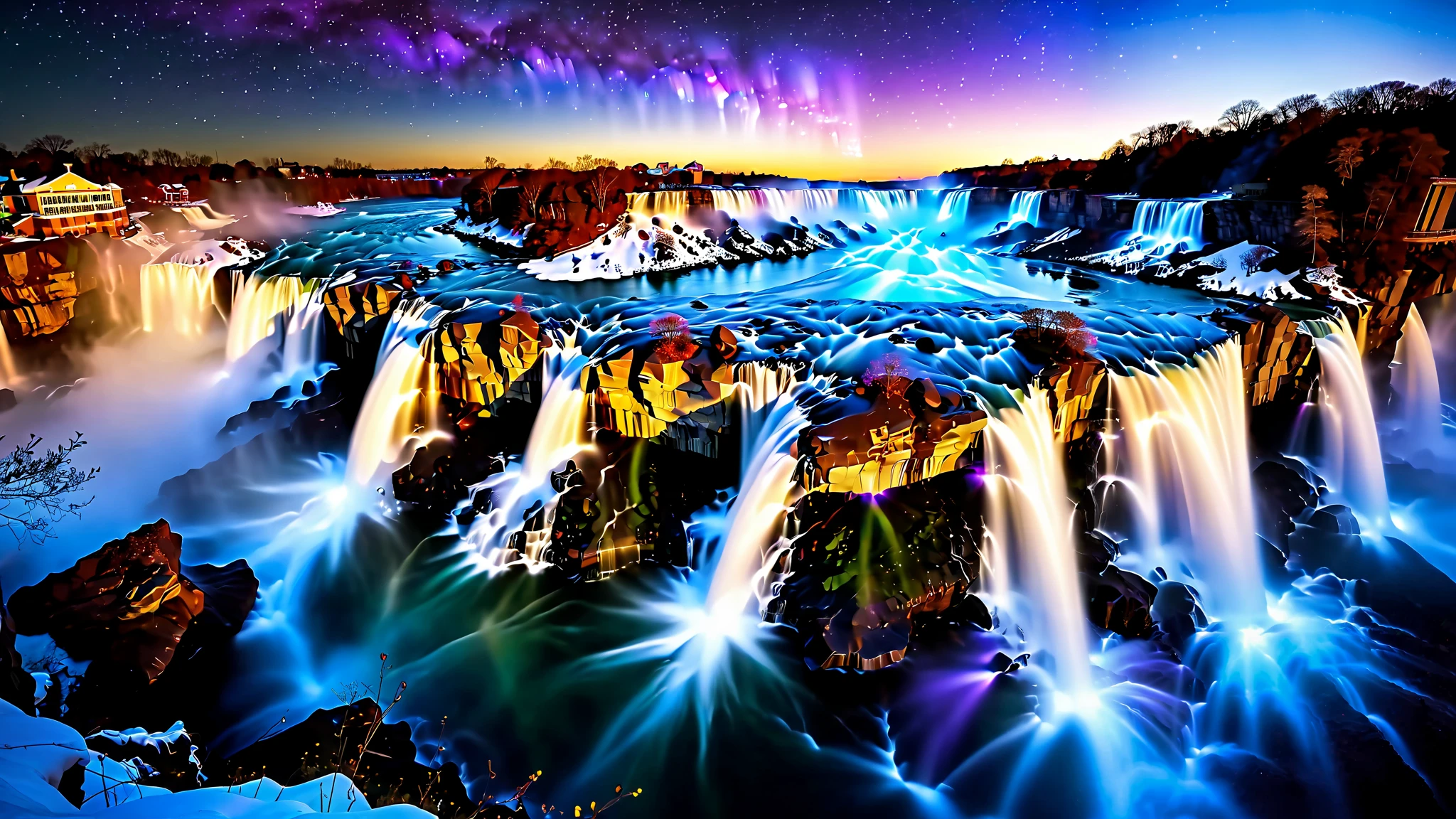 A masterpiece in 32K resolution , top quality , very detailed, realistic expression, high-resolution 32K wallpaper , shot with a fisheye lens , The flow of many layers of waterfall , Niagara Falls , spectacular scale ,A very high waterfall with ,Bird's Eye View, very detailedな特徴, Amazing Details . spectacular waterfall that falls directly from the starry sky , falling on metal , shining cliff surface . sparkling blue and purple water , holographic streams intertwine . bioluminescent flowers and trees 々 shining at the bottom of the valley 々 magazine in photos , Its Leaves Reflect the Light of Water . floating light that envelops the scene , mysterious addition , creates an otherworldly atmosphere ., } countless stars in the background 々 and galaxy clusters ,Mysterious charm, mysterious atmosphere, fantastic atmosphere with splashes of water ,