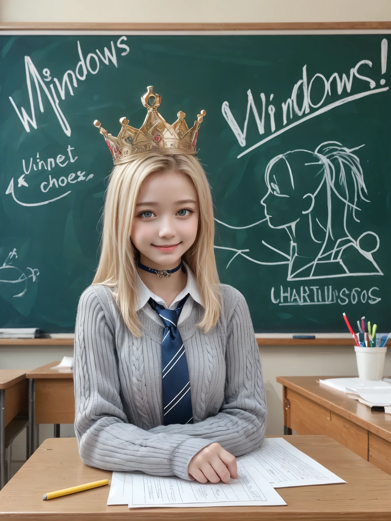 (best_quality, masterpiece:1.2), (highly detailed), (uhd, high_resolution, highres), girl, (cute:1.2), sleeveless knit gray sweater, BREAK, long sleeves navy collared shirt, blue tie, medium breasts, intricate crown, short beige-blonde hair, looking at viewer, smile, long sidelocks, choker, , chalk board, classroom, paper art on wall, beautiful, windows,