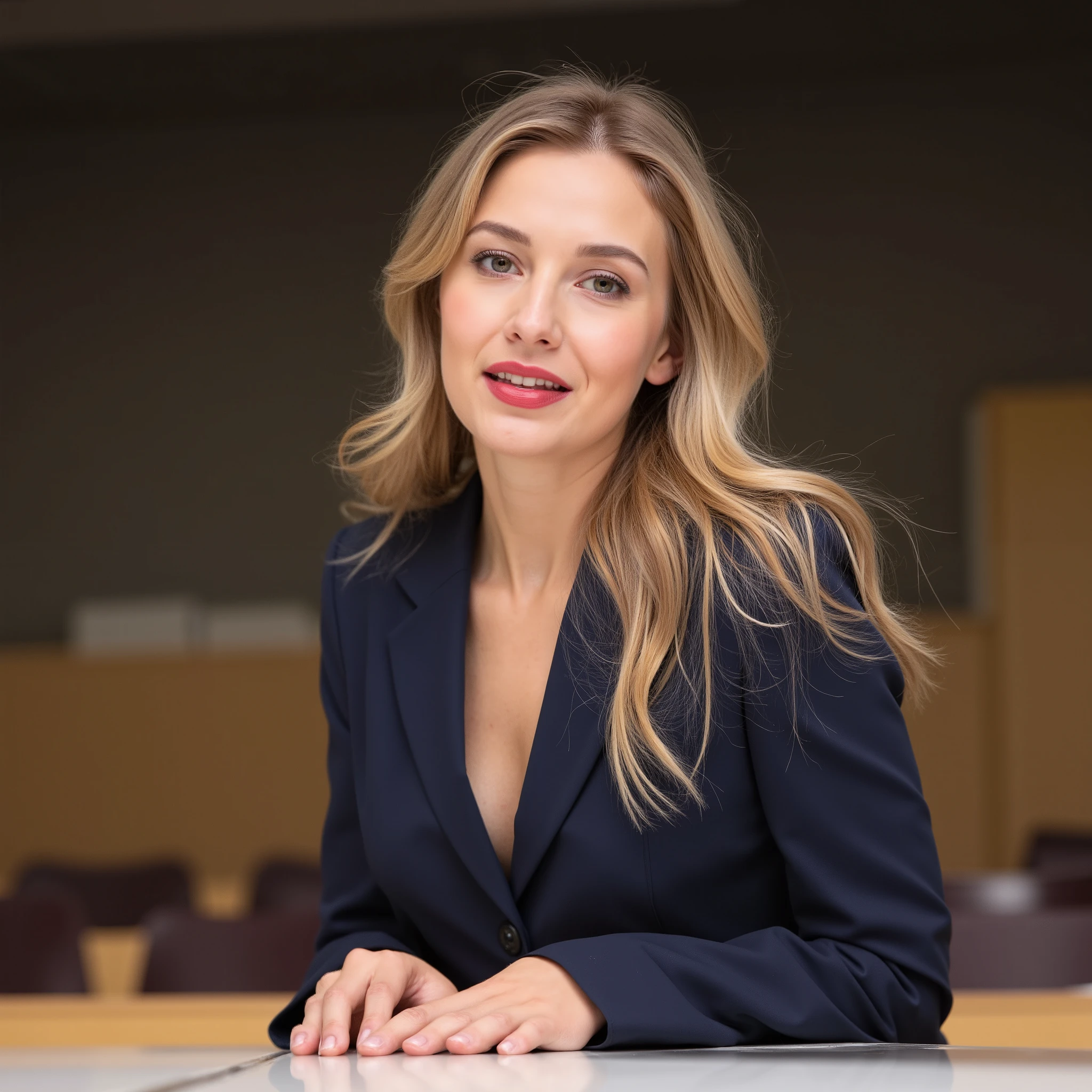 full shot, wide angle, attractive female professor with long blond hair and red lipstick, wearing v-nick suit, standing behind a table, and put her hands on the table leaning towards the camera. She has fair skin and blond hair. The woman is posed in a confident manner. The background features a professional lecture hall.